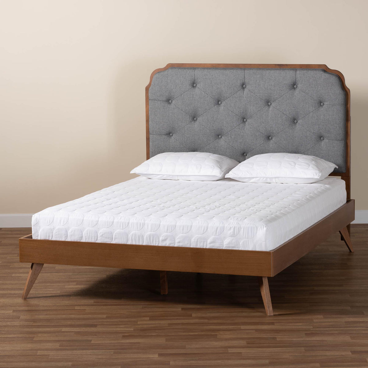 Claudius King Fabric Upholstered & Walnut Wood Platform Bed – Adjustable Height Mid‑Century