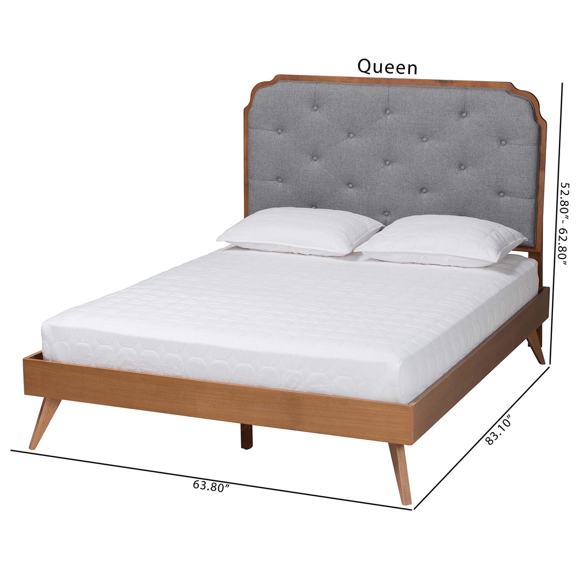 Arlianis Queen Bed – Grey Polyester Fabric, Walnut Brown Rubberwood Platform, Adjustable Headboard