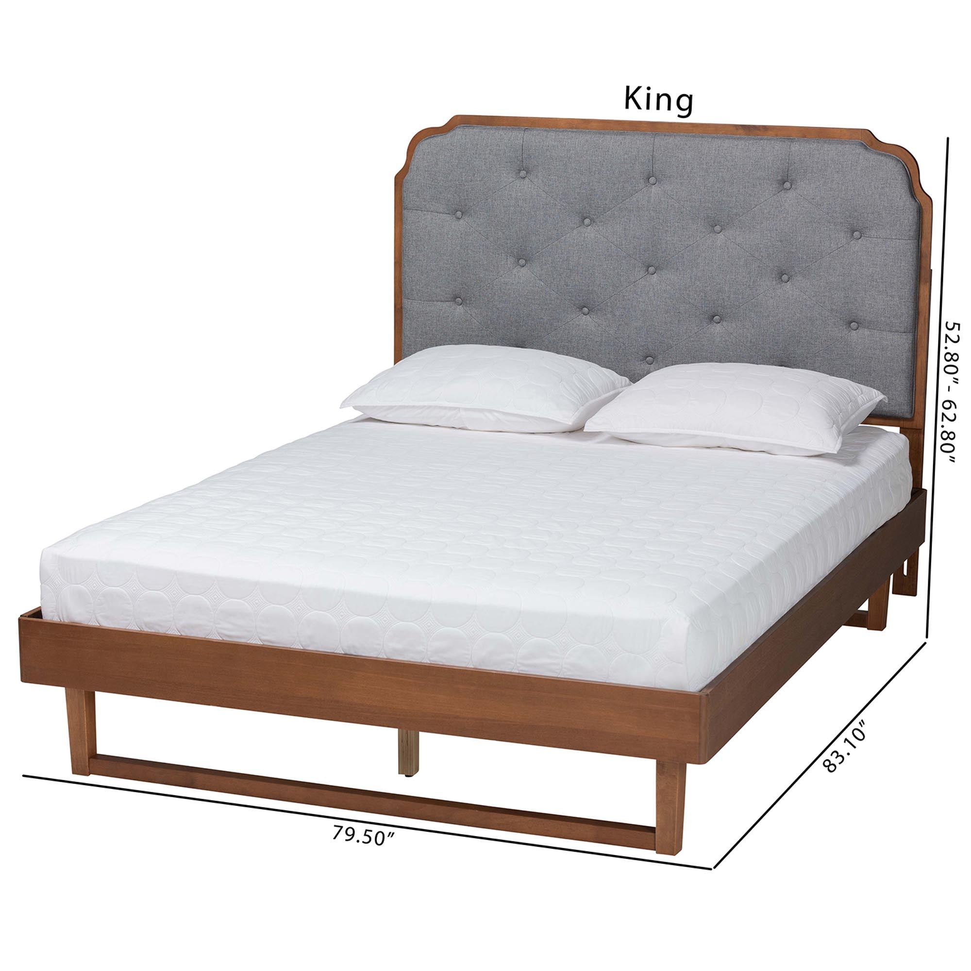 Payton King Size Grey Upholstered & Walnut Brown Wood Platform Bed – Contemporary Low‑Profile Design