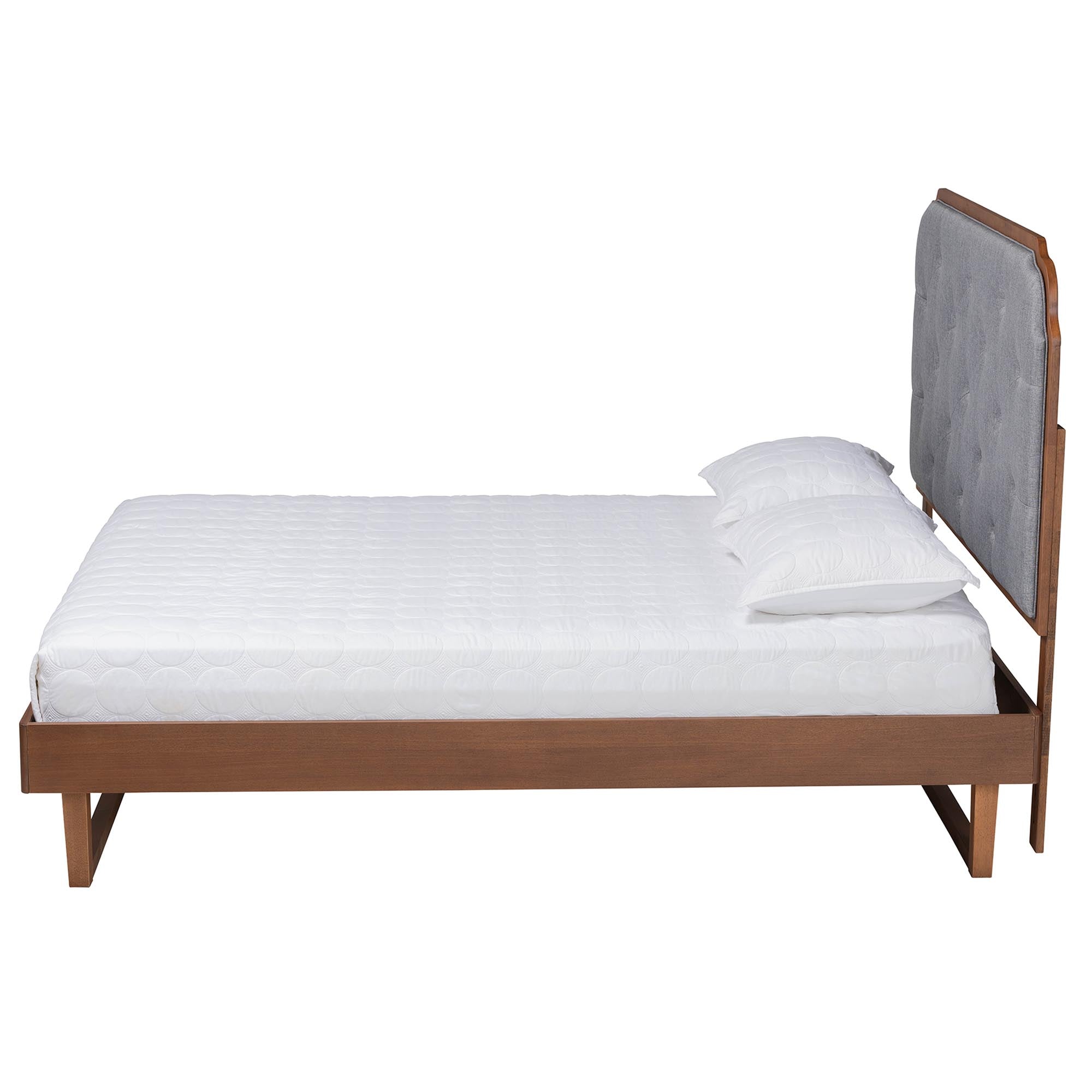 Payton King Size Grey Upholstered & Walnut Brown Wood Platform Bed – Contemporary Low‑Profile Design