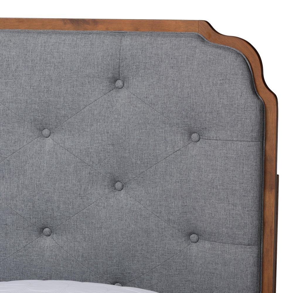 Payton King Size Grey Upholstered & Walnut Brown Wood Platform Bed – Contemporary Low‑Profile Design