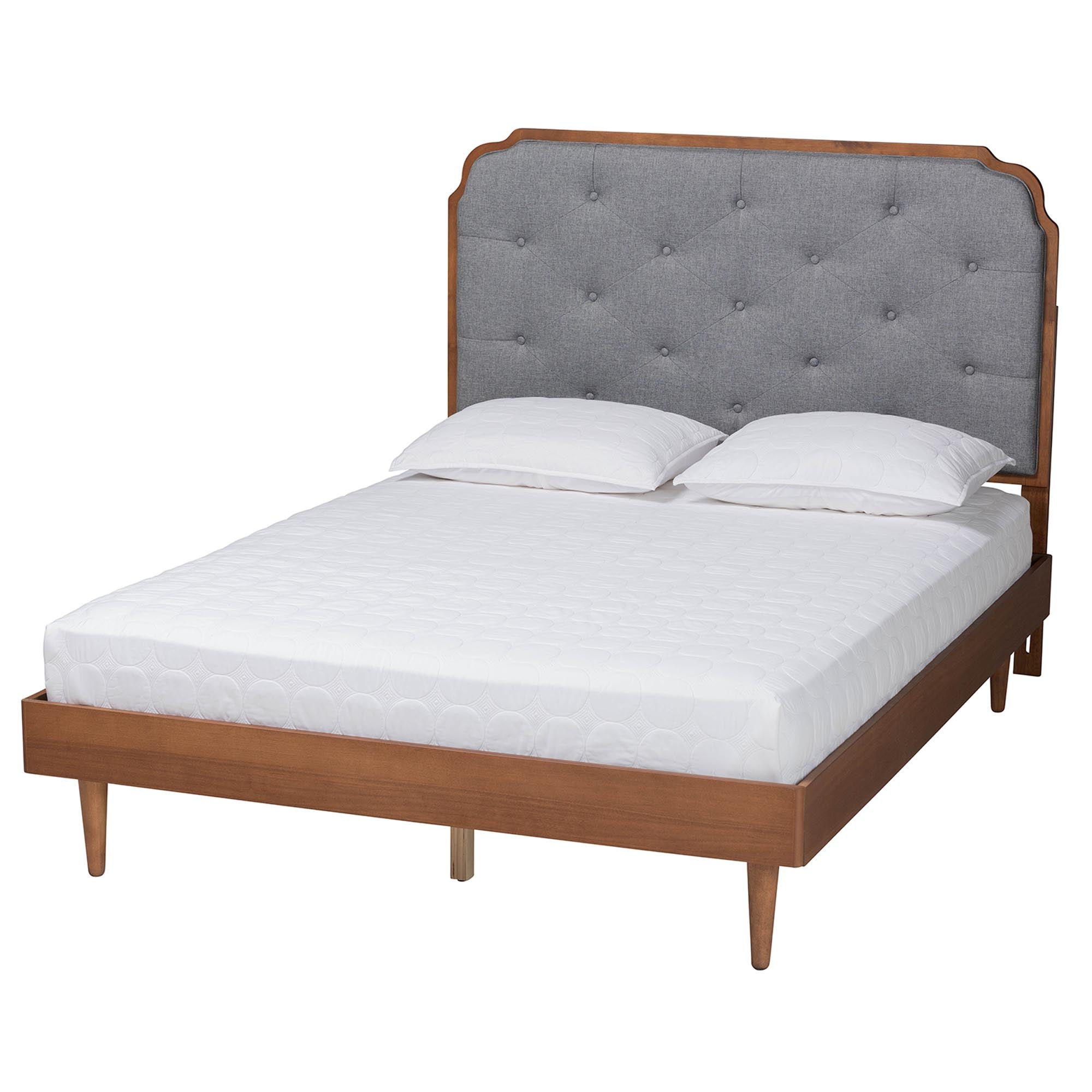 Nadia King Mid-Century Platform Bed – Grey Tufted Headboard with Walnut Wood Base