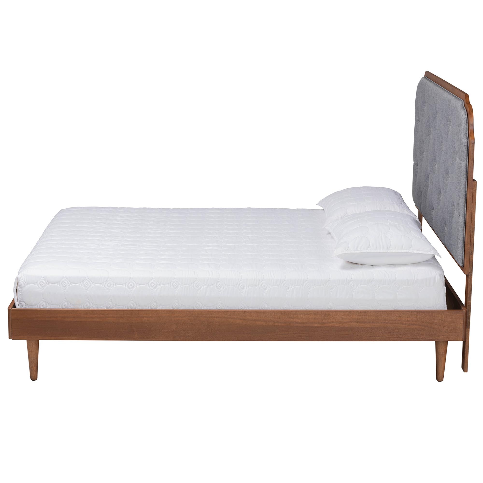 Nadia King Mid-Century Platform Bed – Grey Tufted Headboard with Walnut Wood Base