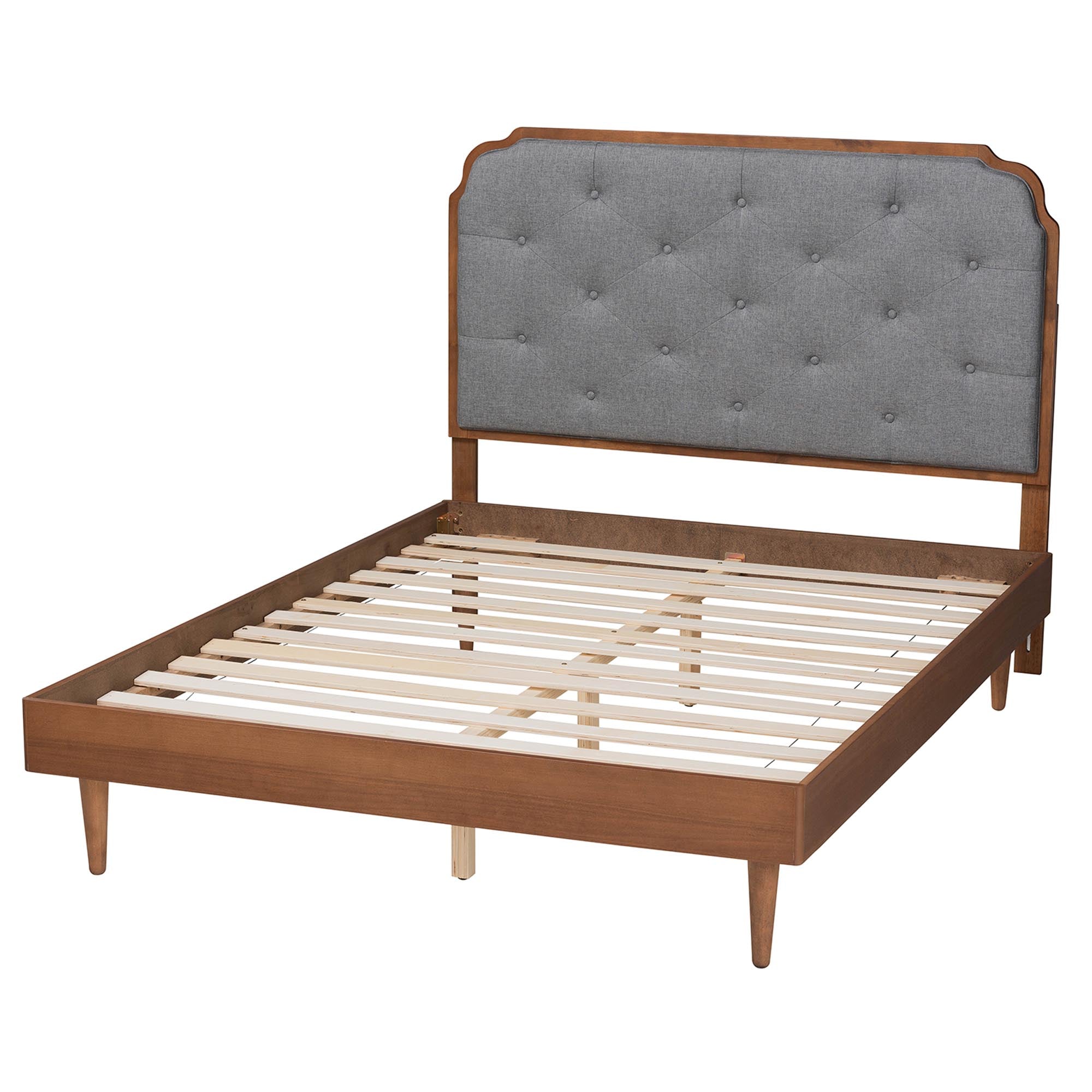 Nadia King Mid-Century Platform Bed – Grey Tufted Headboard with Walnut Wood Base