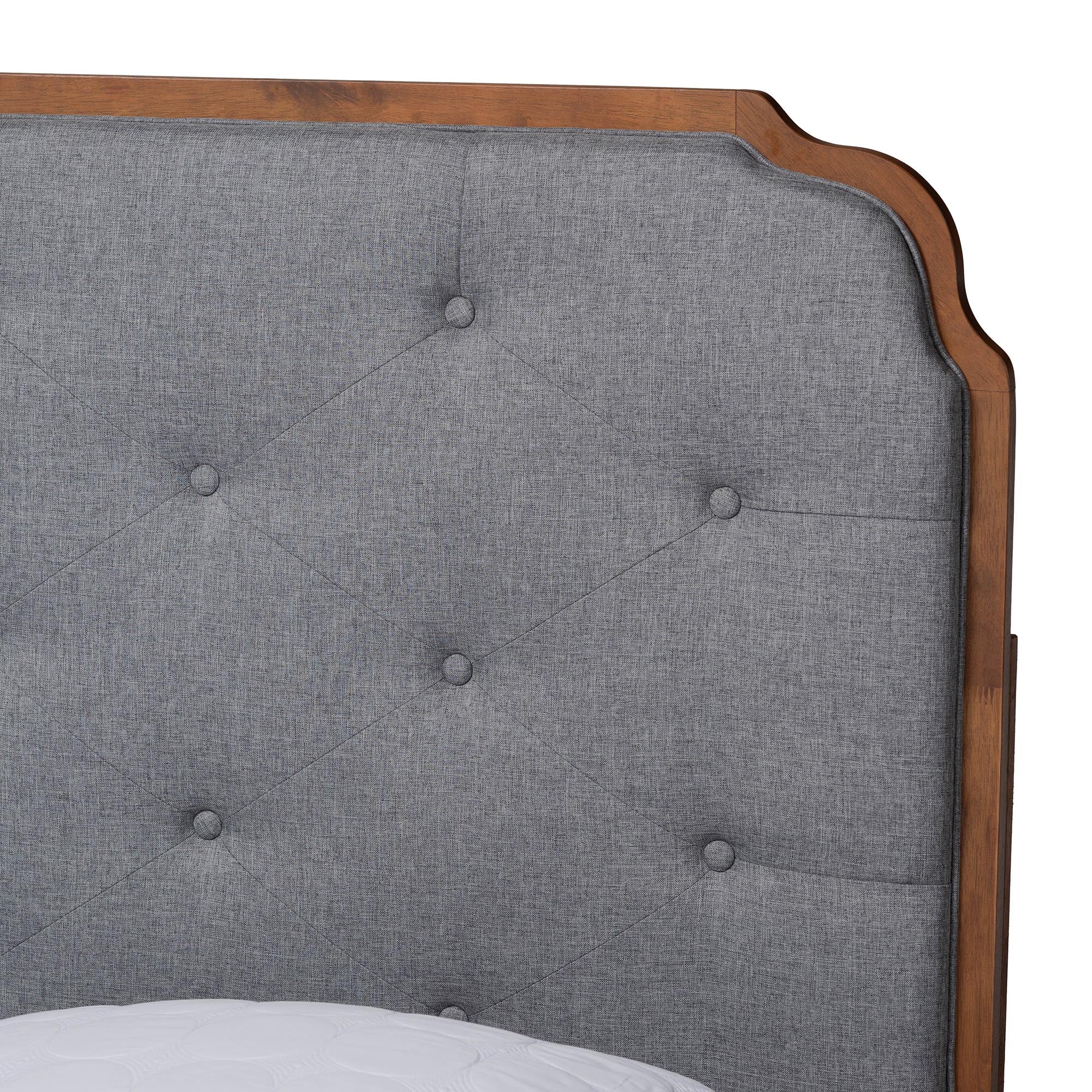 Nadia King Mid-Century Platform Bed – Grey Tufted Headboard with Walnut Wood Base