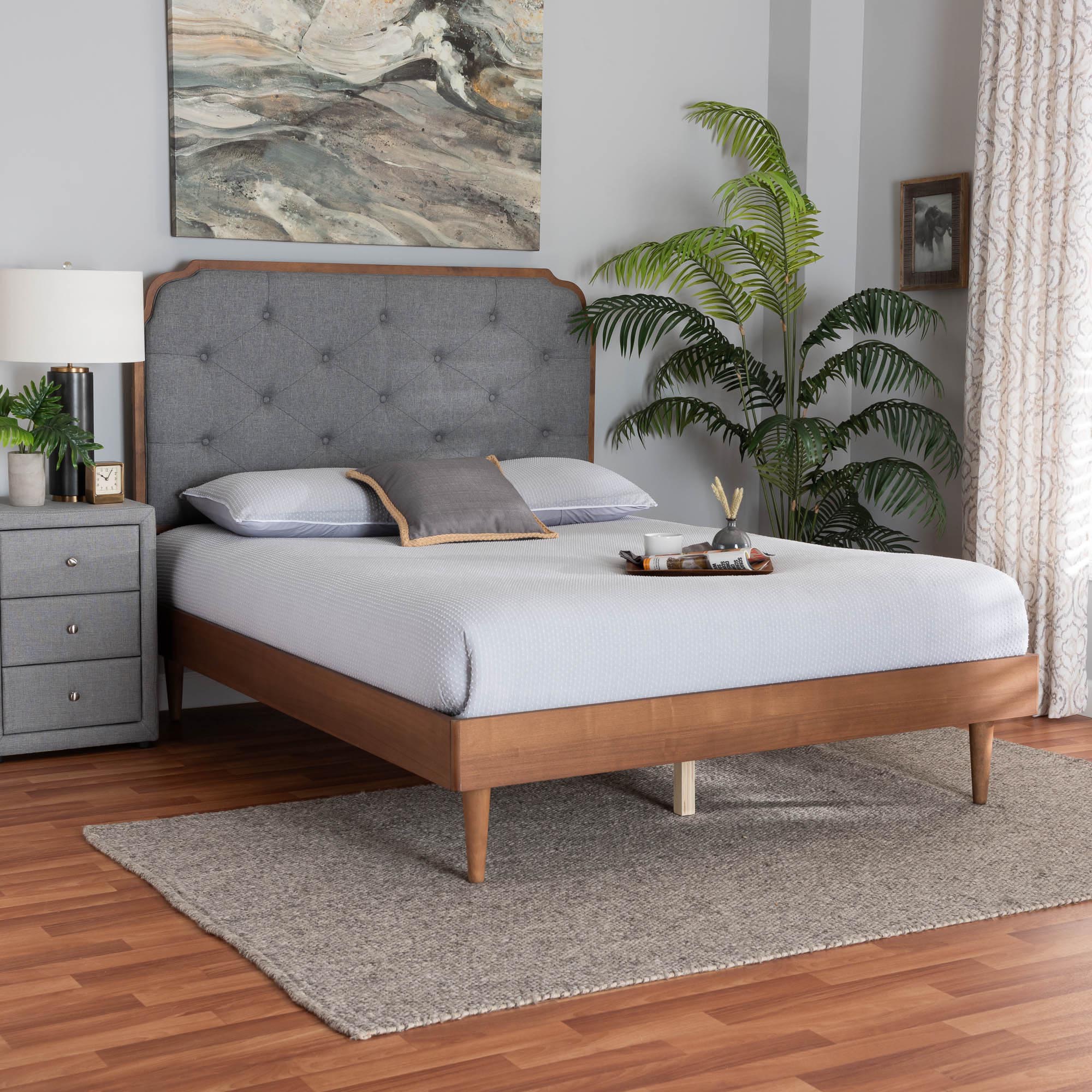 Nadia King Mid-Century Platform Bed – Grey Tufted Headboard with Walnut Wood Base