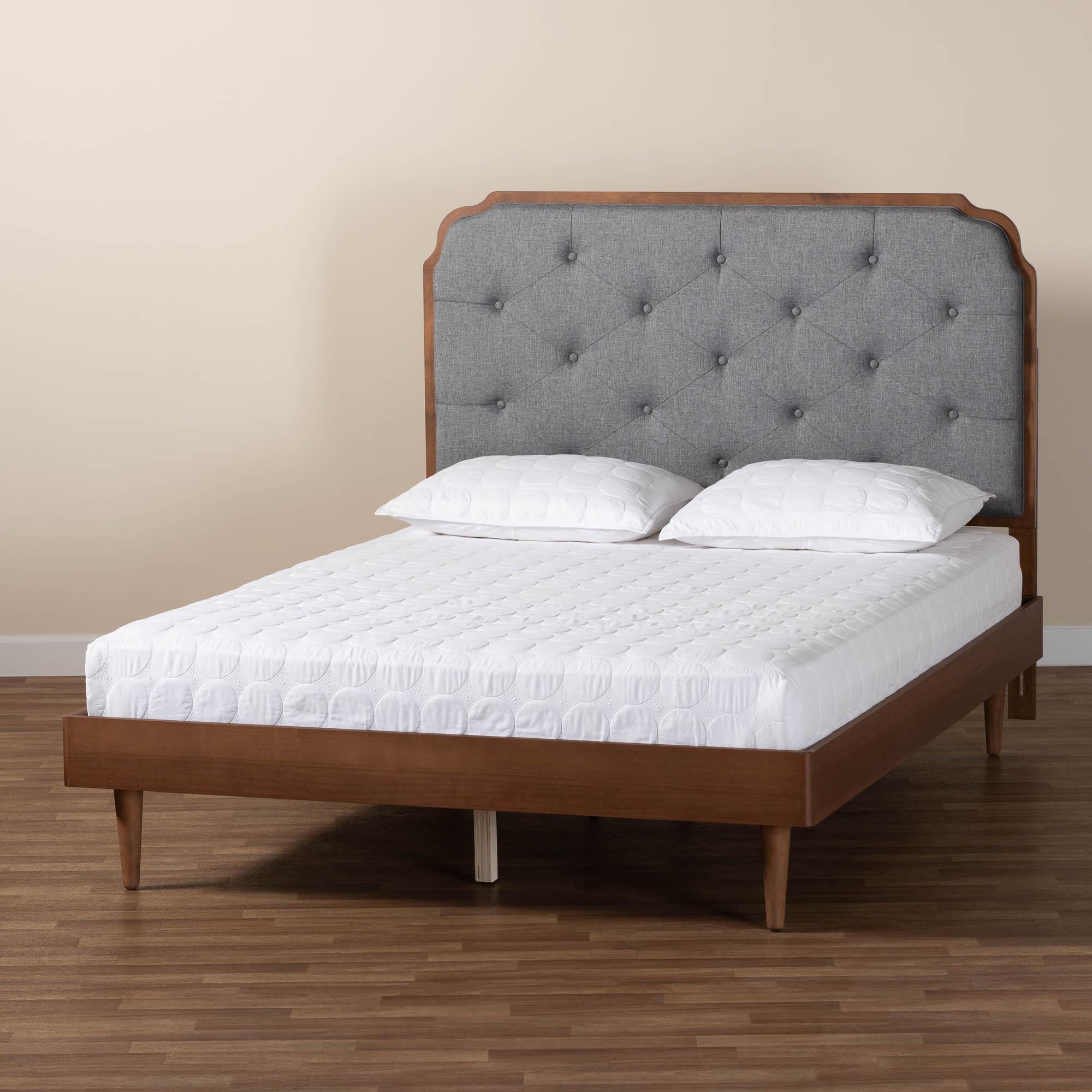 Nadia King Mid-Century Platform Bed – Grey Tufted Headboard with Walnut Wood Base