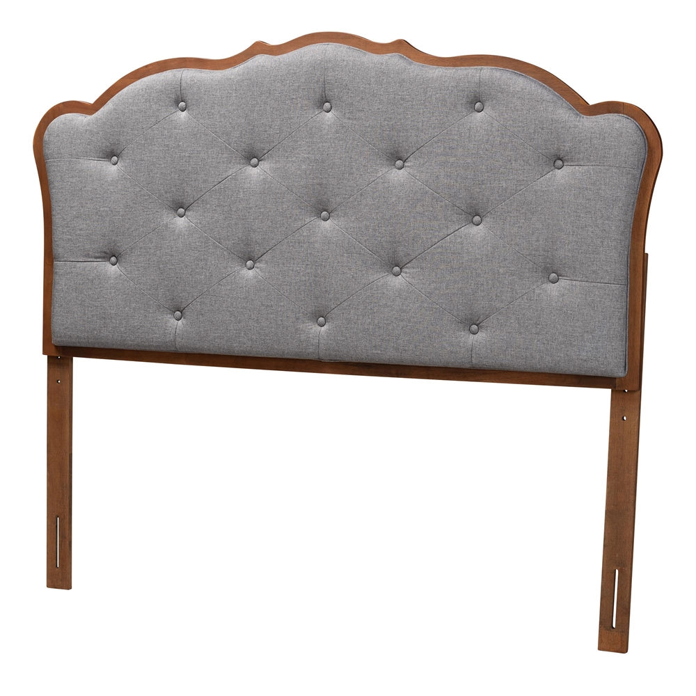 Leandra Classic and Traditional Grey Fabric and Walnut Brown Finished Wood Queen Size Headboard