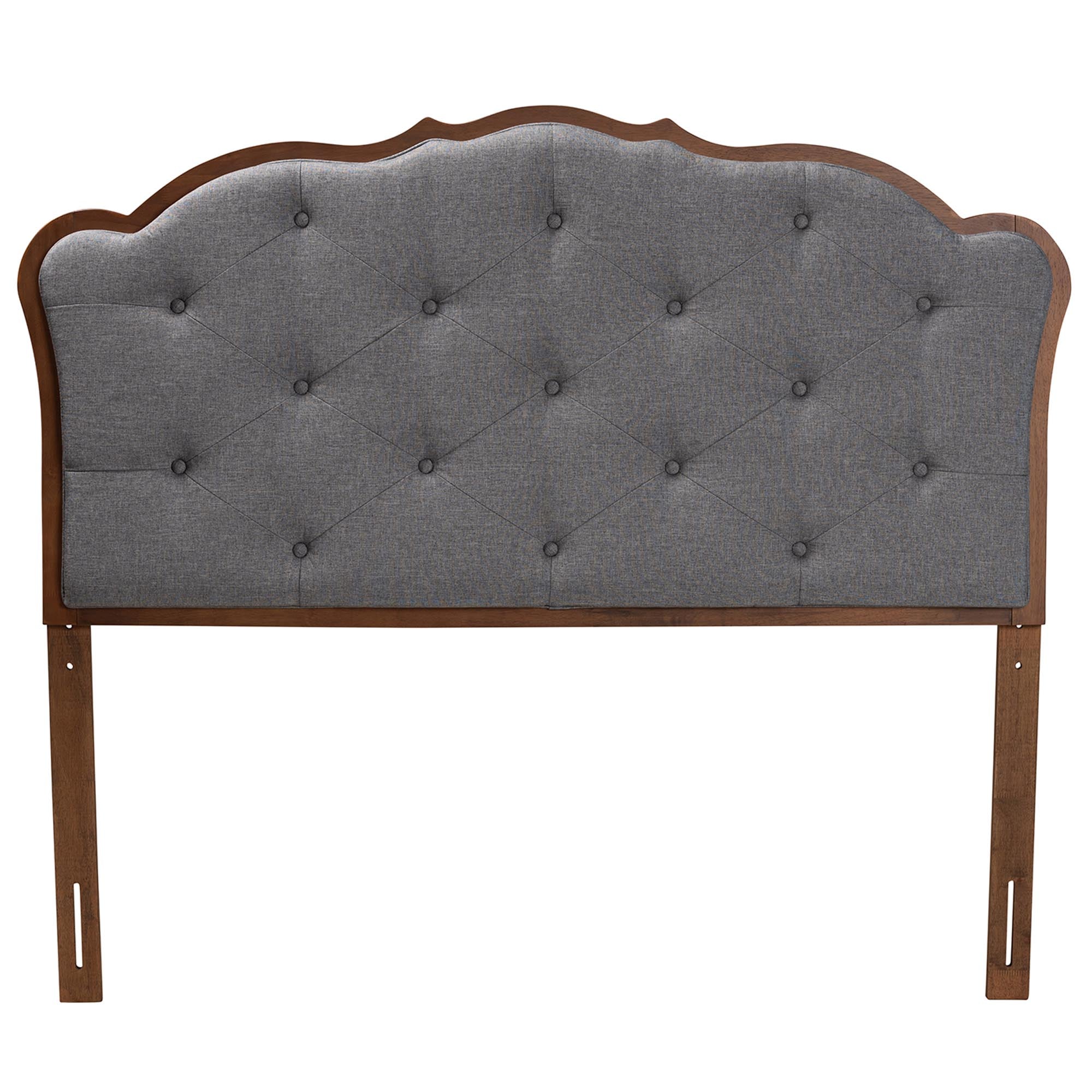 Leandra Classic and Traditional Grey Fabric and Walnut Brown Finished Wood Queen Size Headboard