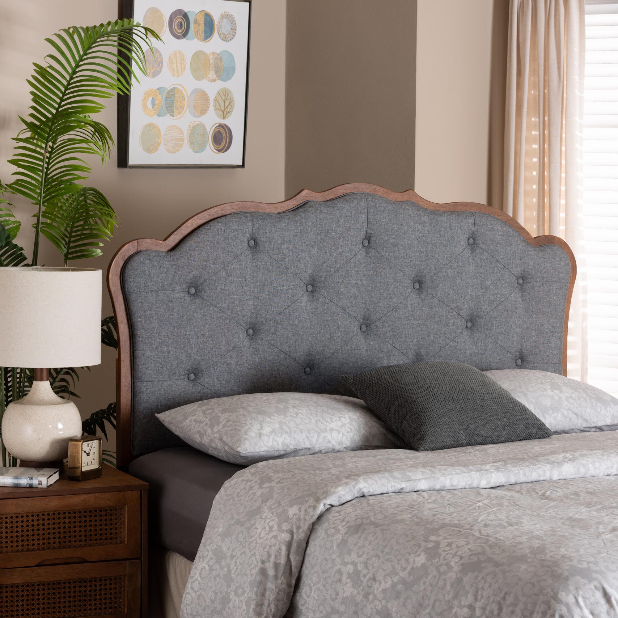 Leandra Classic and Traditional Grey Fabric and Walnut Brown Finished Wood Queen Size Headboard