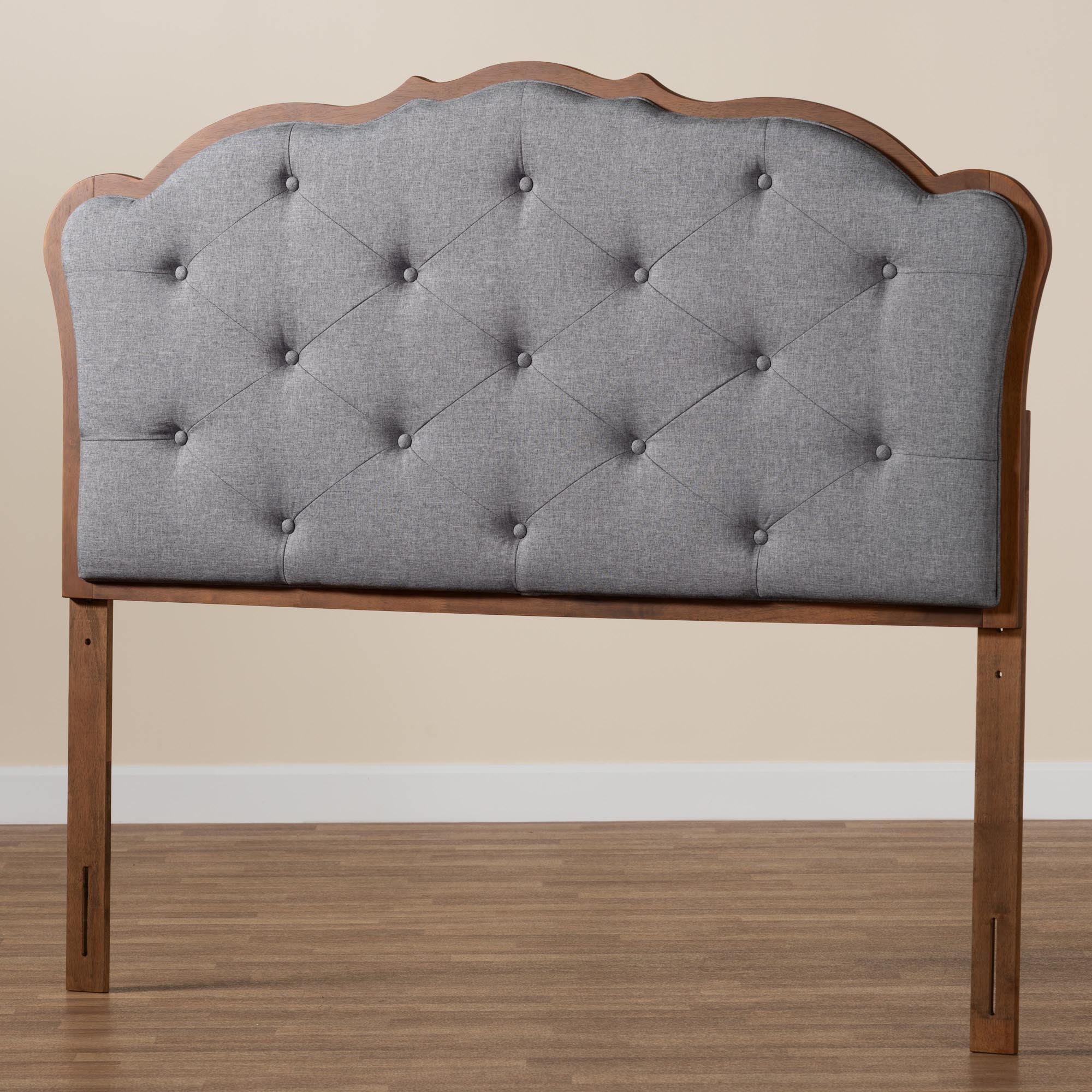 Leandra Classic and Traditional Grey Fabric and Walnut Brown Finished Wood Queen Size Headboard