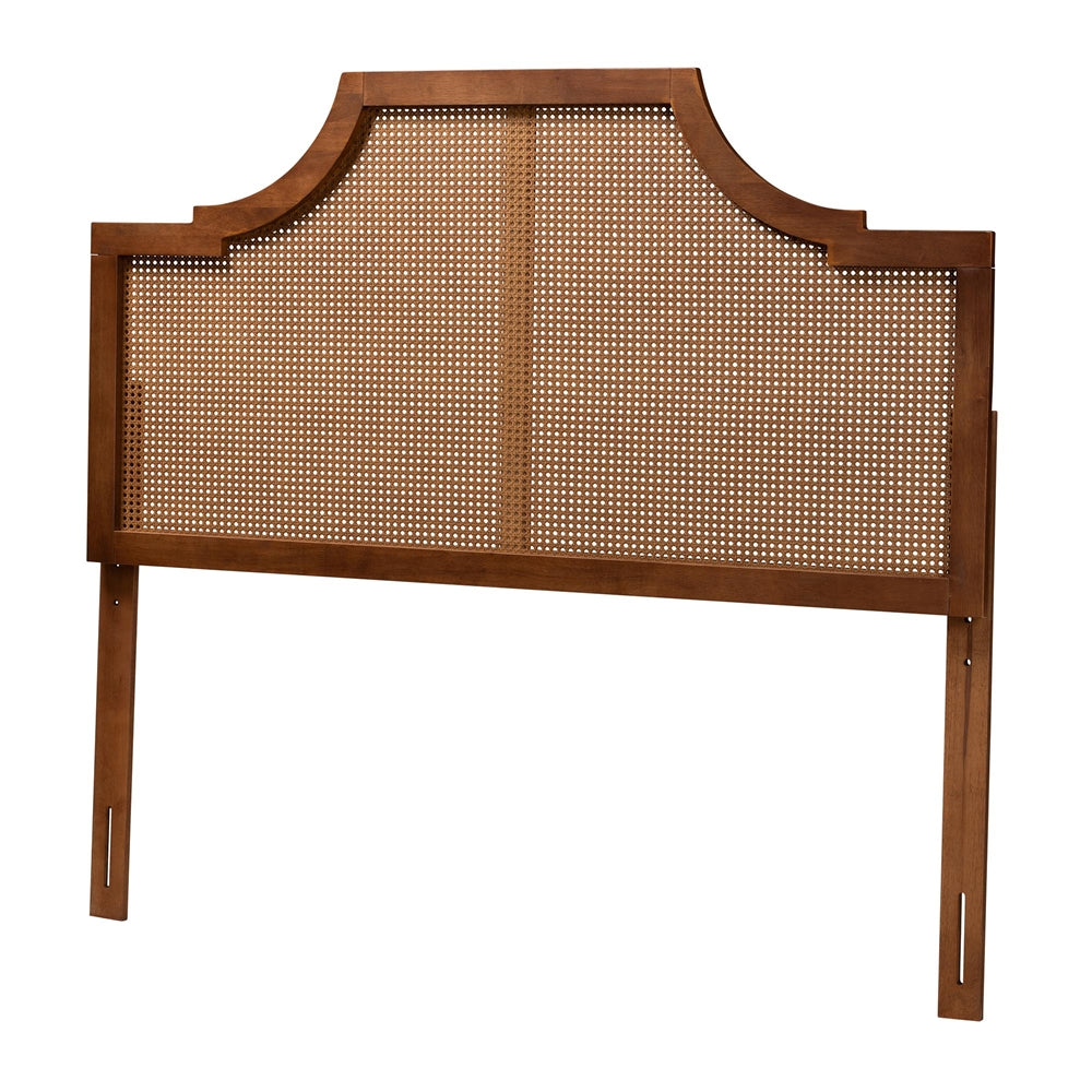 Risha Mid-Century Modern Ash Walnut Finished Wood and Rattan Queen Size Headboard