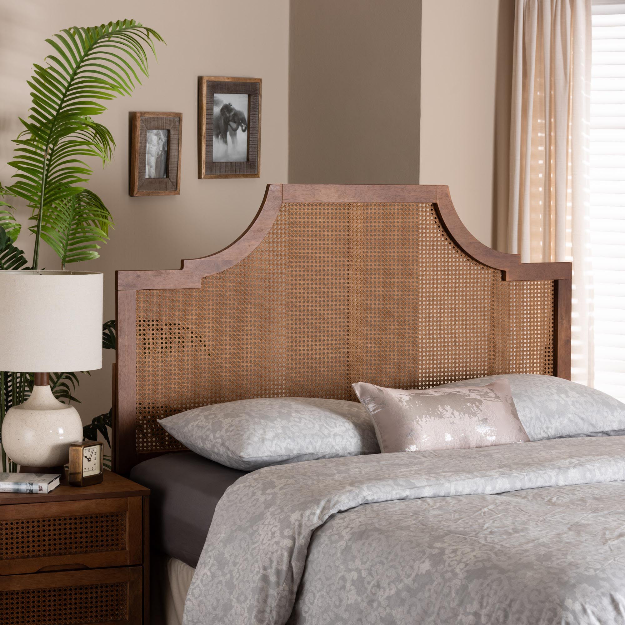 Risha Mid-Century Modern Ash Walnut Finished Wood and Rattan Queen Size Headboard