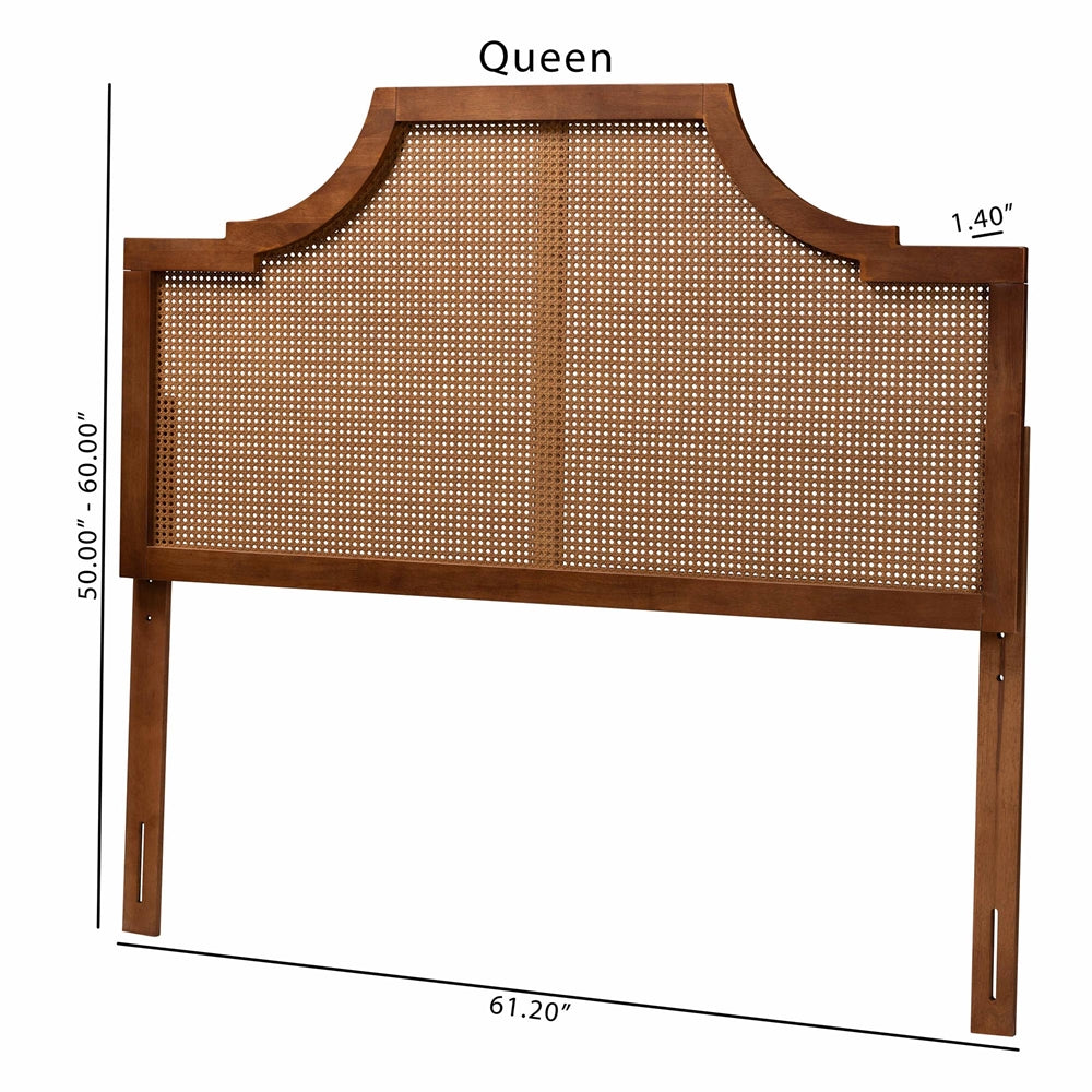 Risha Mid-Century Modern Ash Walnut Finished Wood and Rattan Queen Size Headboard