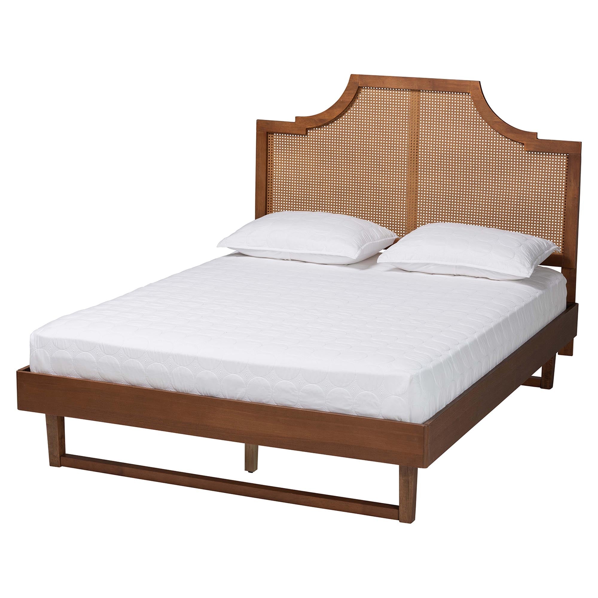 Francine Mid-Century Modern Ash Walnut Woven Rattan Queen Size Bed