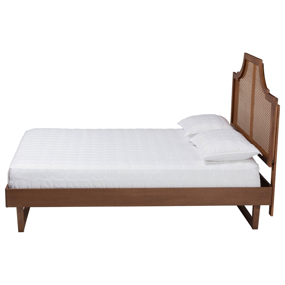 Francine Mid-Century Modern Ash Walnut Woven Rattan Queen Size Bed