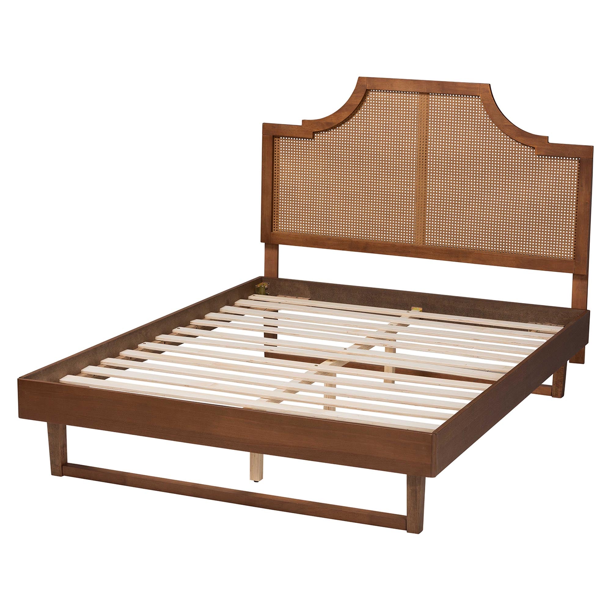 Francine Mid-Century Modern Ash Walnut Woven Rattan King Size Bed
