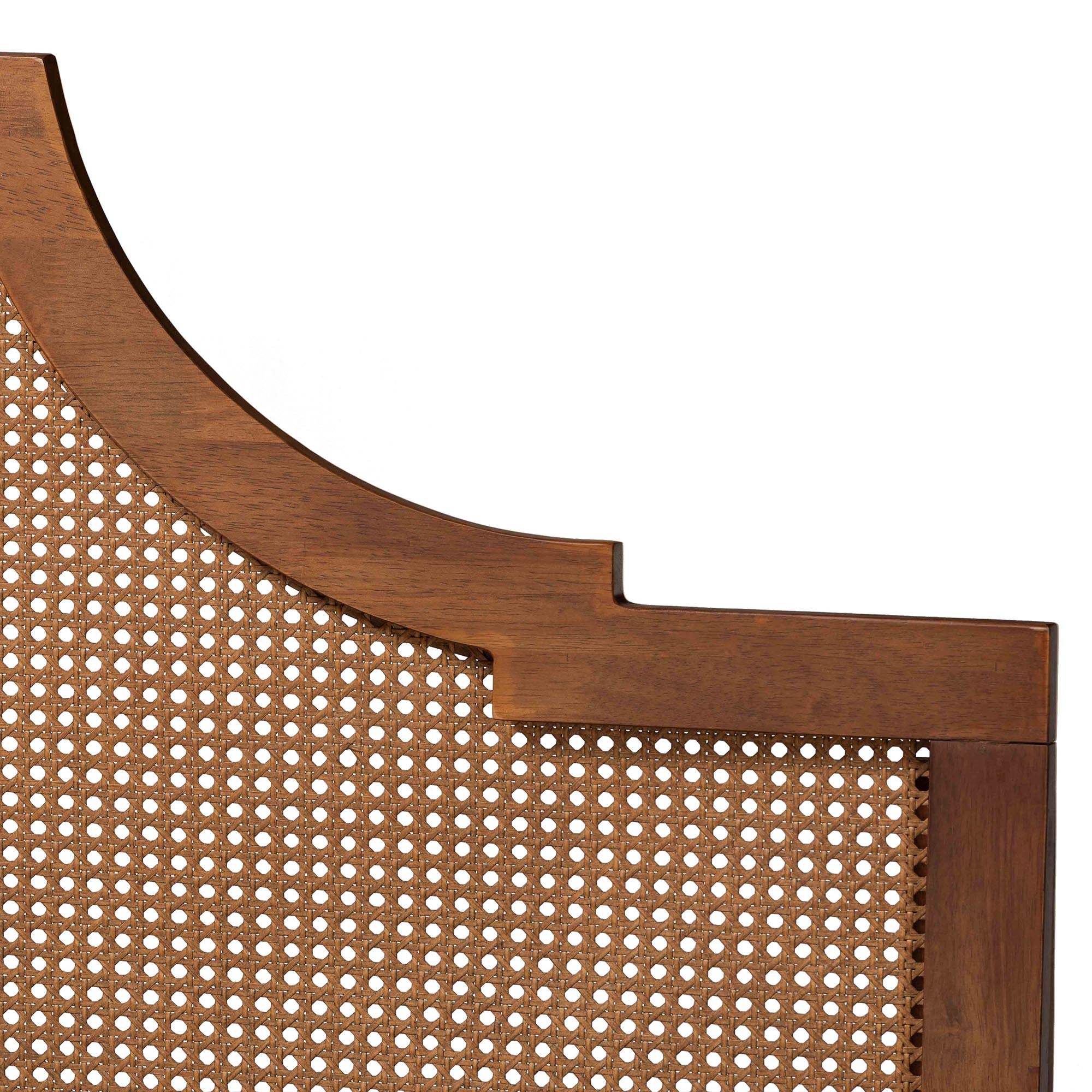 Francine Mid-Century Modern Ash Walnut Woven Rattan Queen Size Bed