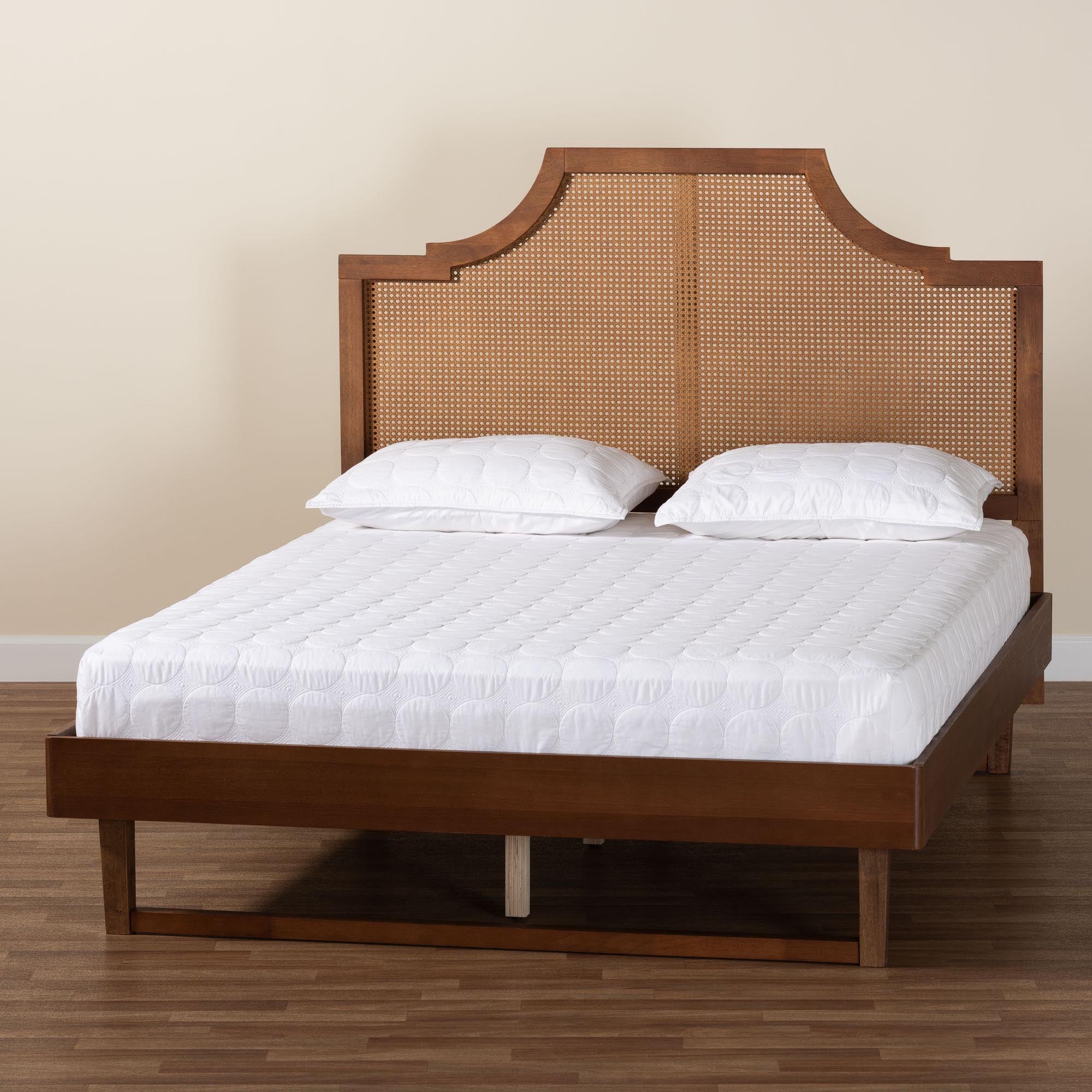 Francine Mid-Century Modern Ash Walnut Woven Rattan Queen Size Bed