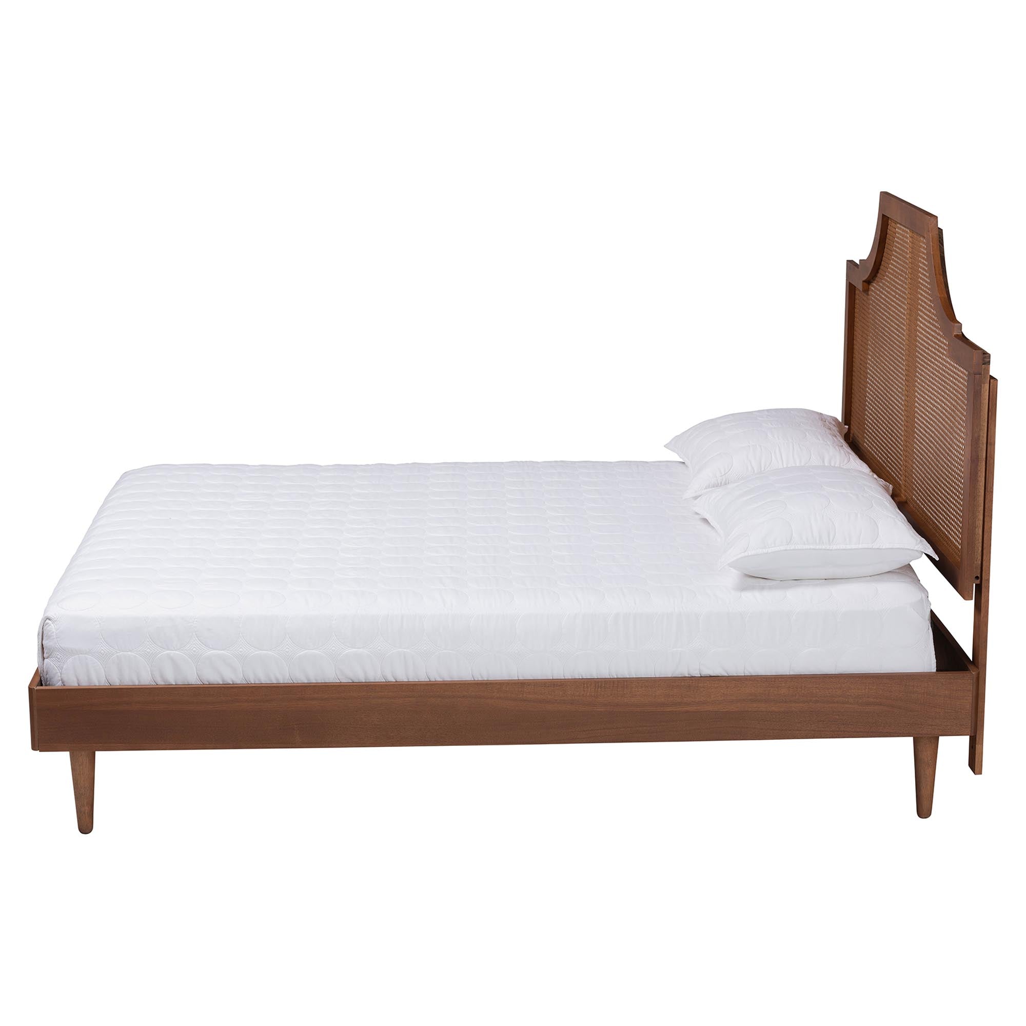 Macaria Mid-Century Modern Ash Walnut Woven Rattan King Size Bed
