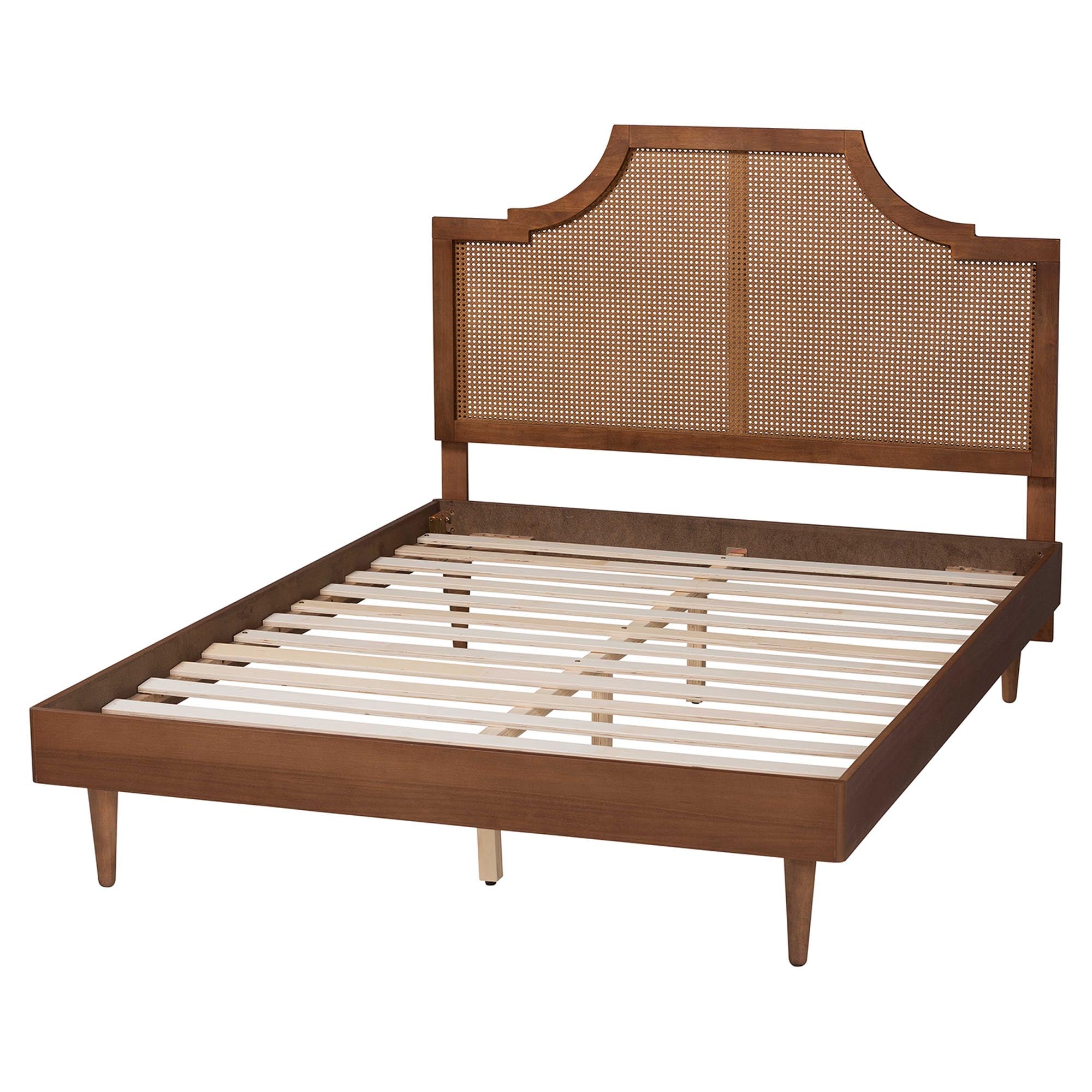 Macaria Mid-Century Modern Ash Walnut Woven Rattan King Size Bed