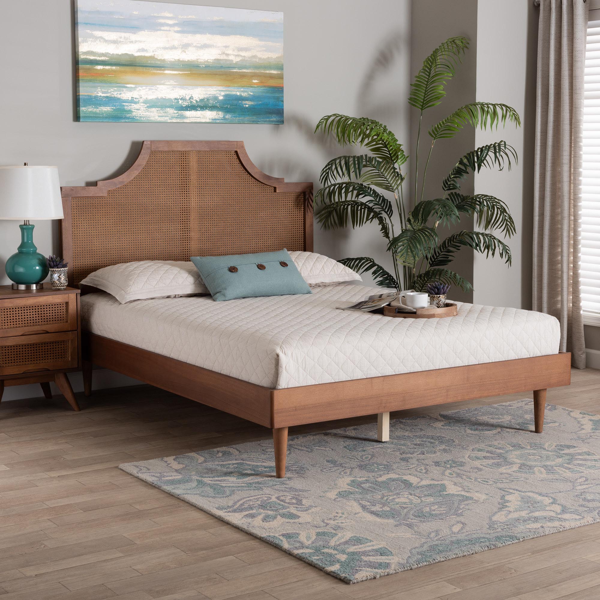 Macaria Mid-Century Modern Ash Walnut Woven Rattan King Size Bed