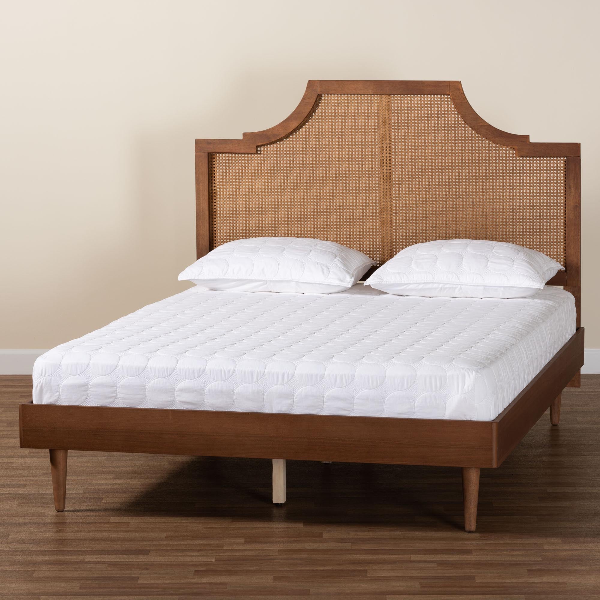 Macaria Mid-Century Modern Ash Walnut Woven Rattan King Size Bed