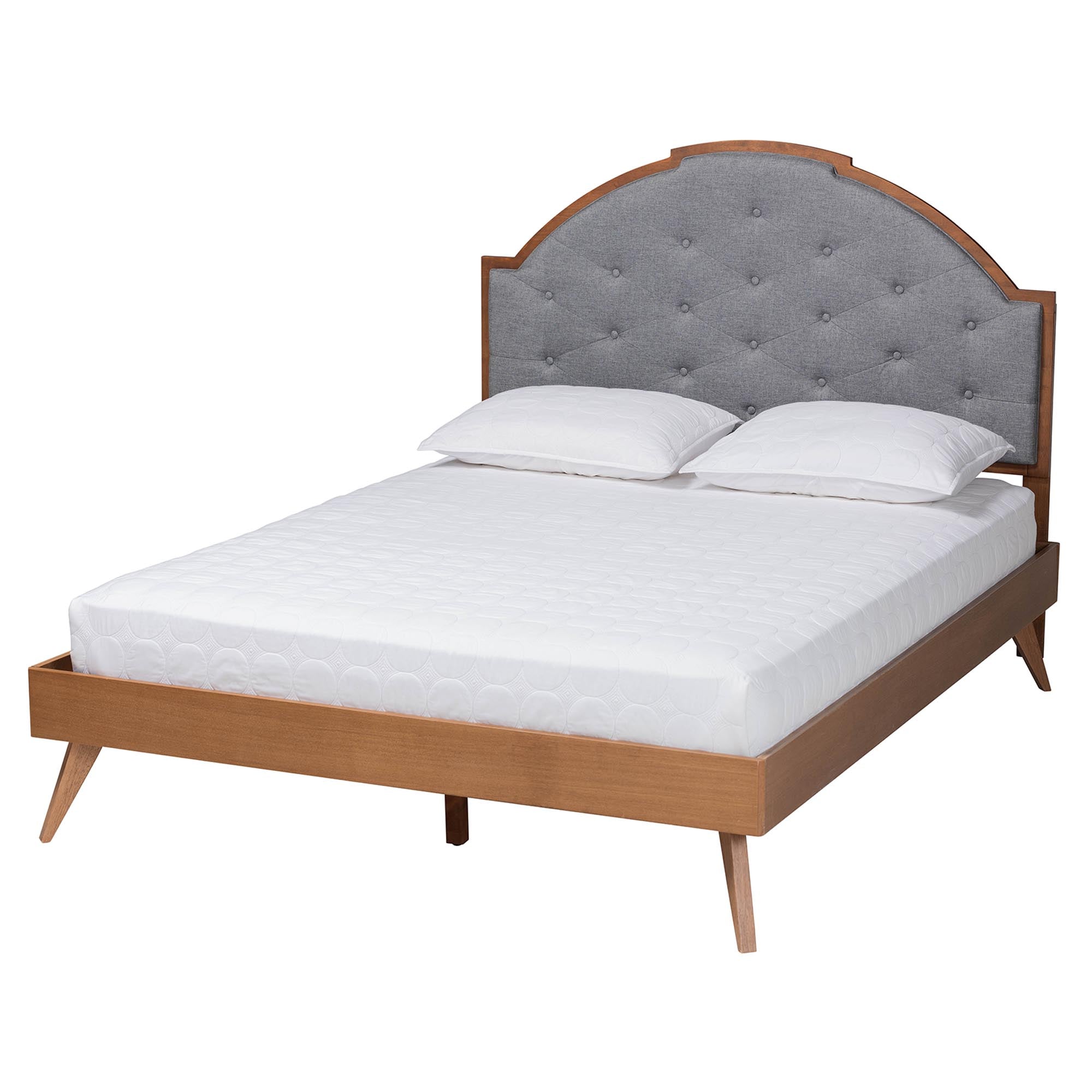 Anita Queen Mid-Century Platform Bed – Adjustable Height Grey Fabric & Walnut