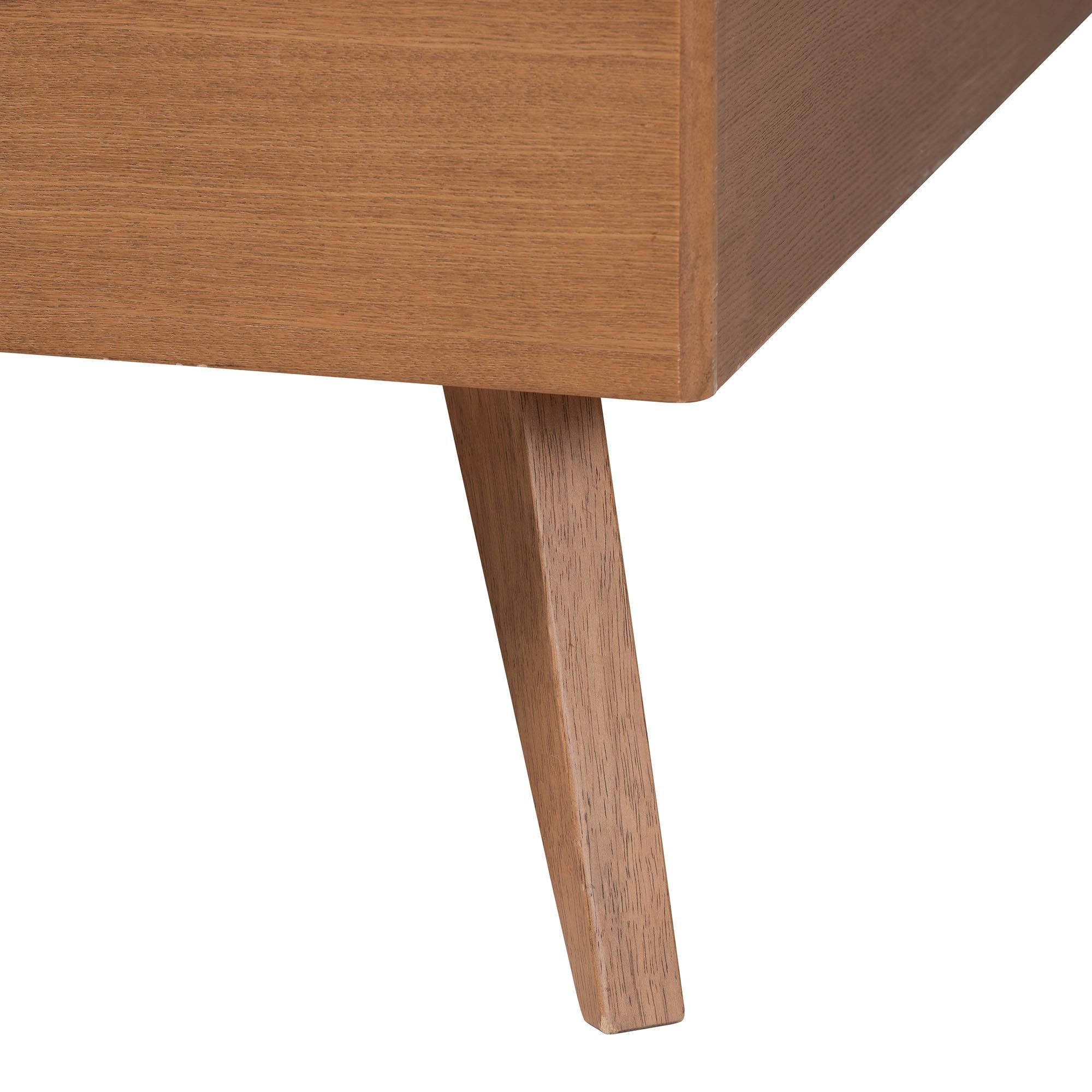 Anita Queen Mid-Century Platform Bed – Adjustable Height Grey Fabric & Walnut