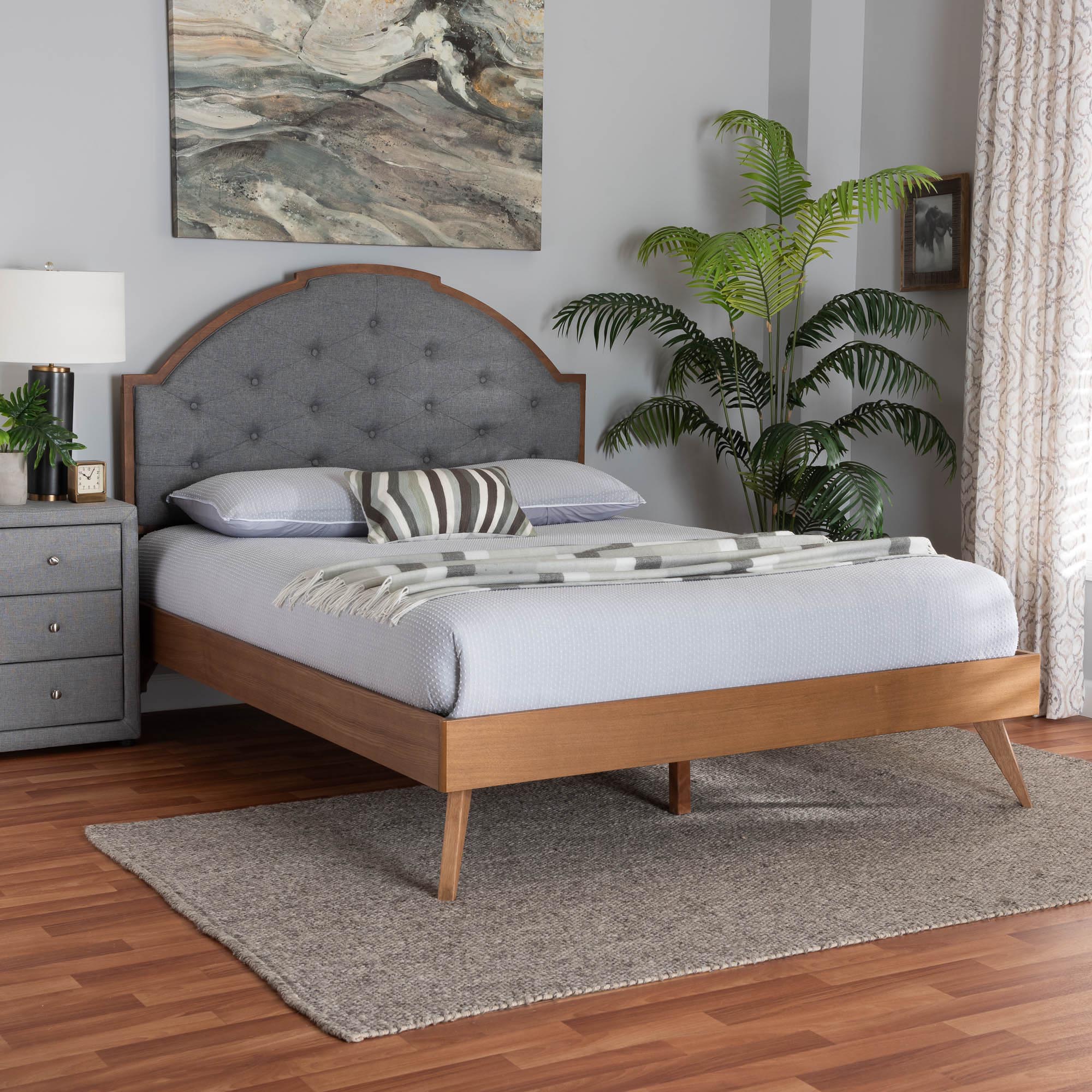 Anita Queen Mid-Century Platform Bed – Adjustable Height Grey Fabric & Walnut