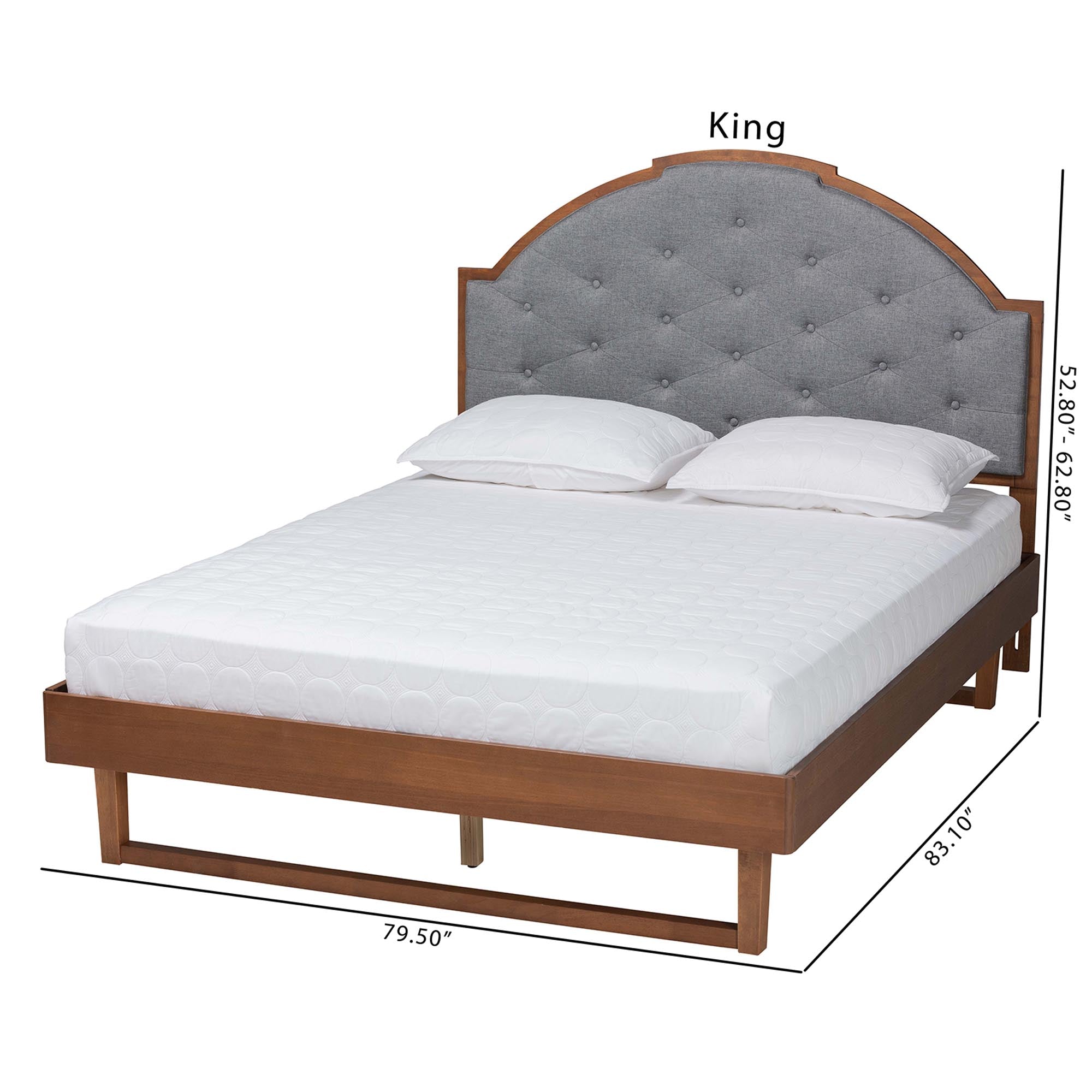 Arleana King Size Wood Platform Bed – Button-Tufted Grey Fabric Mid-Century Design