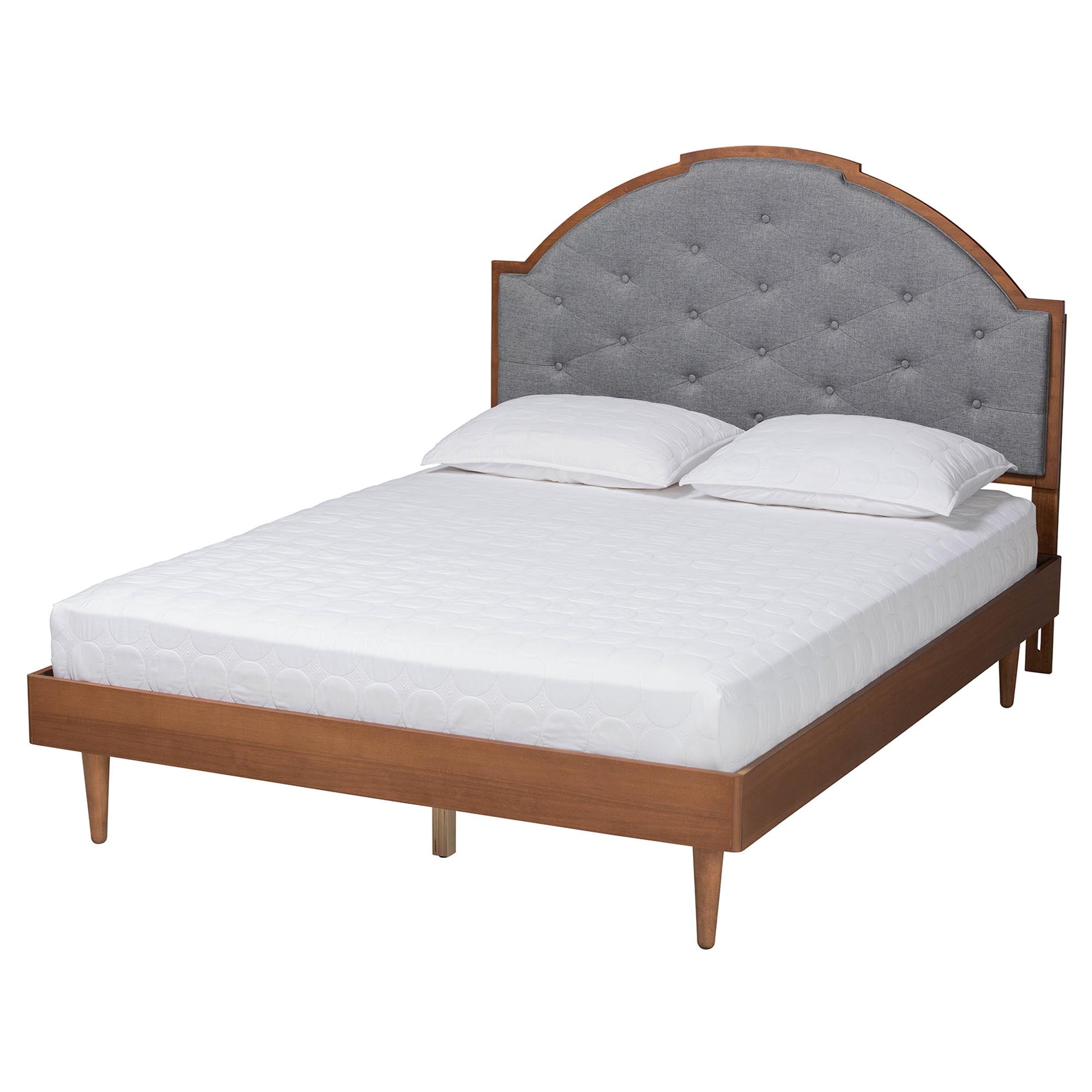 Grayden Queen Grey Platform Bed – Mid-Century Modern Wood Frame with Tufted Headboard
