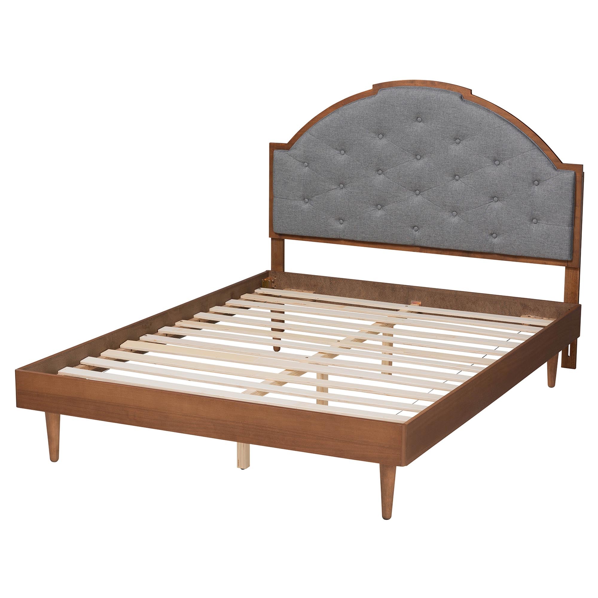 Grayden Queen Grey Platform Bed – Mid-Century Modern Wood Frame with Tufted Headboard
