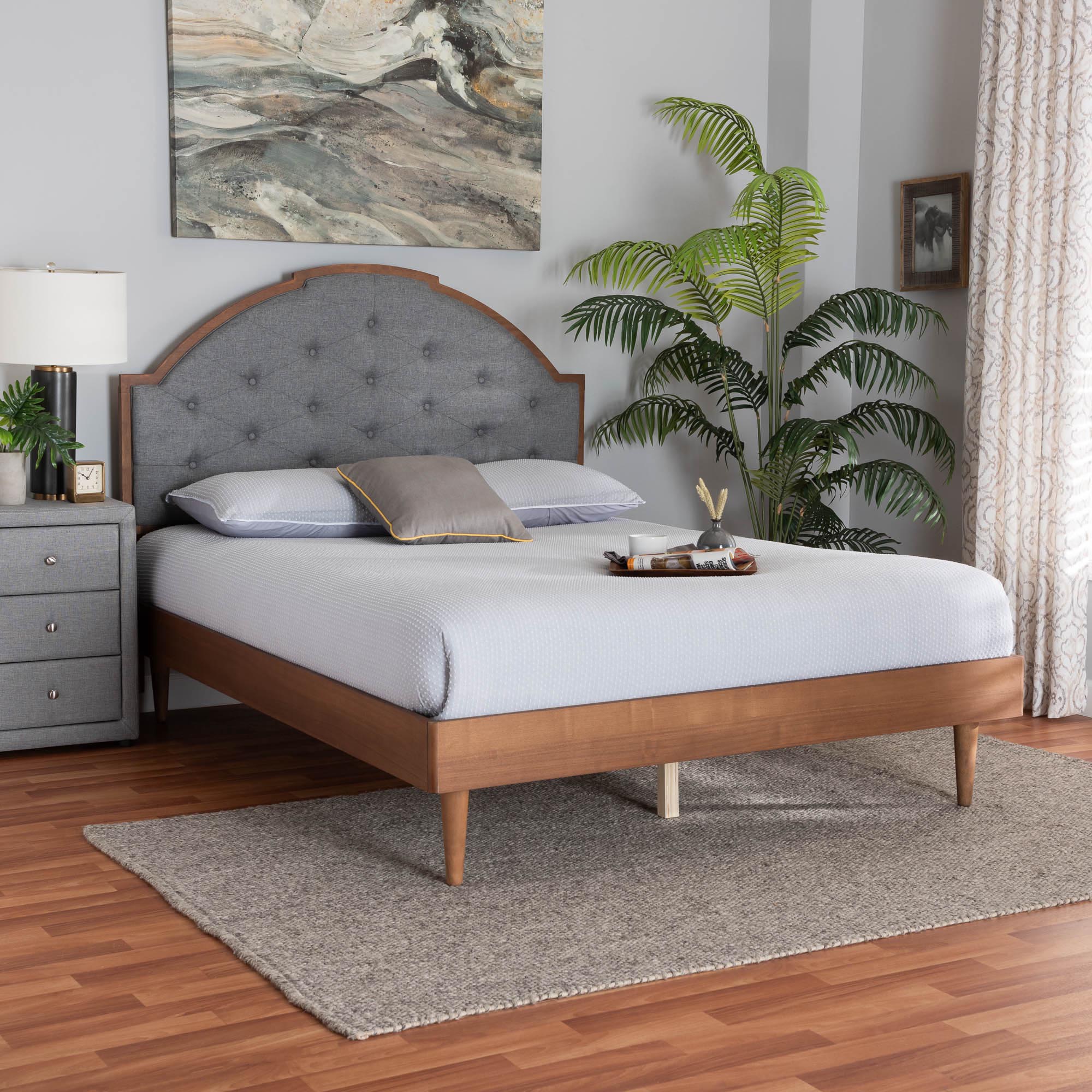 Grayden Queen Grey Platform Bed – Mid-Century Modern Wood Frame with Tufted Headboard