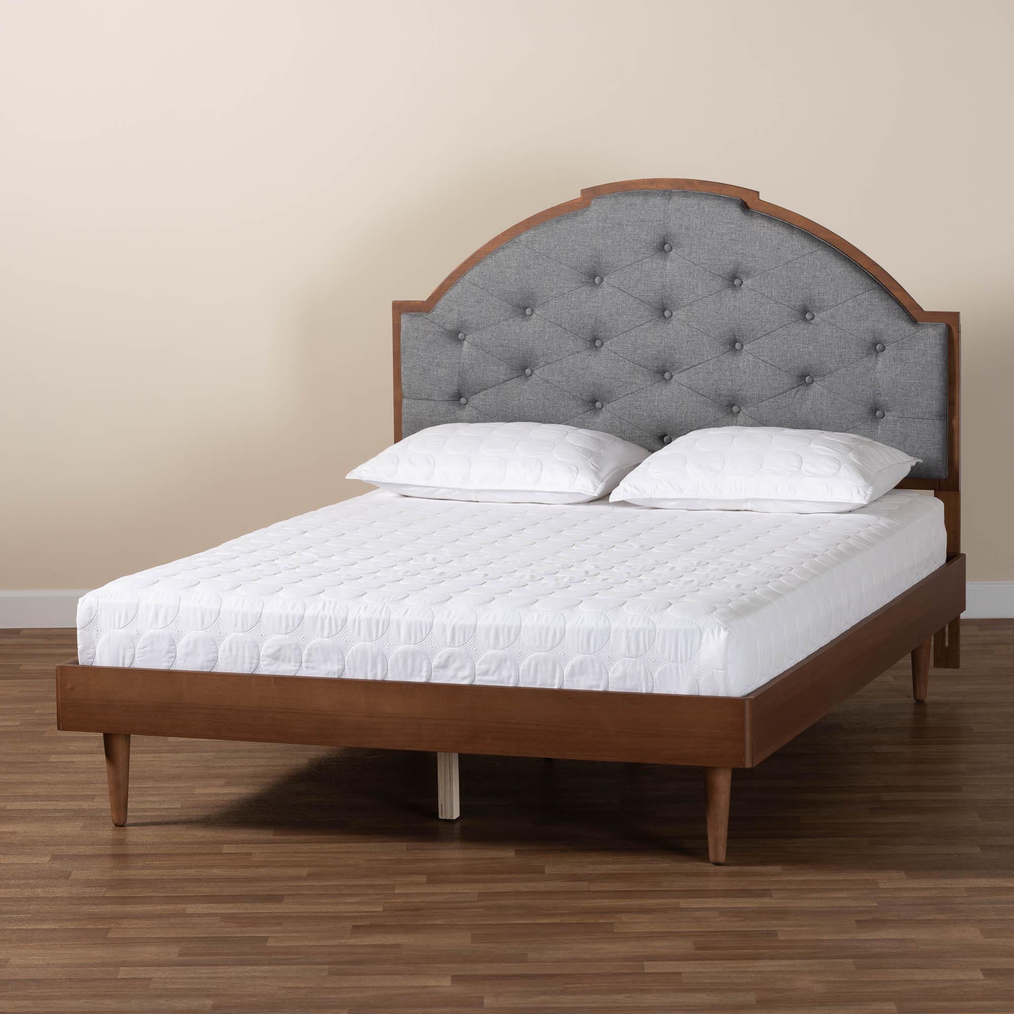 Grayden Queen Grey Platform Bed – Mid-Century Modern Wood Frame with Tufted Headboard