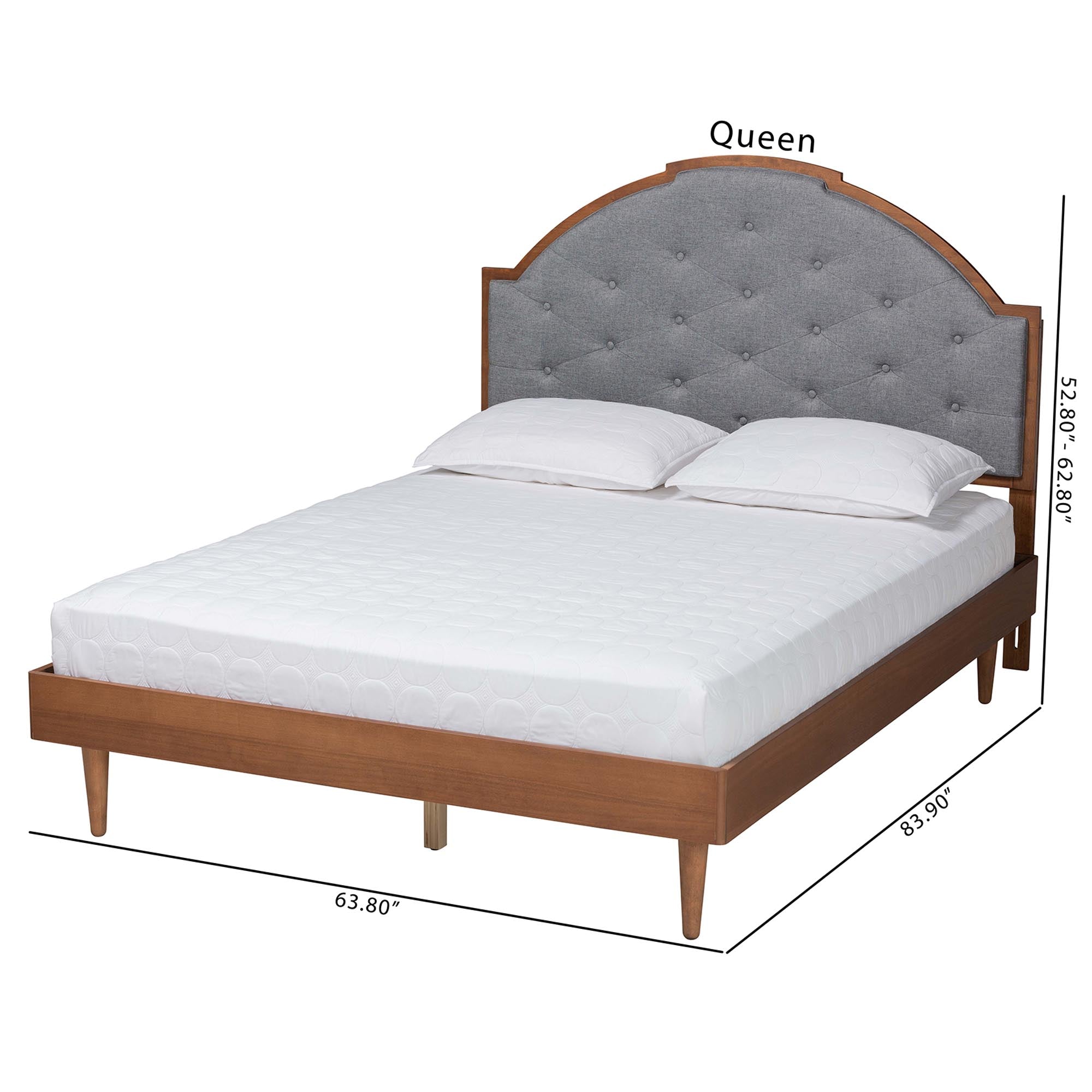 Grayden Queen Grey Platform Bed – Mid-Century Modern Wood Frame with Tufted Headboard