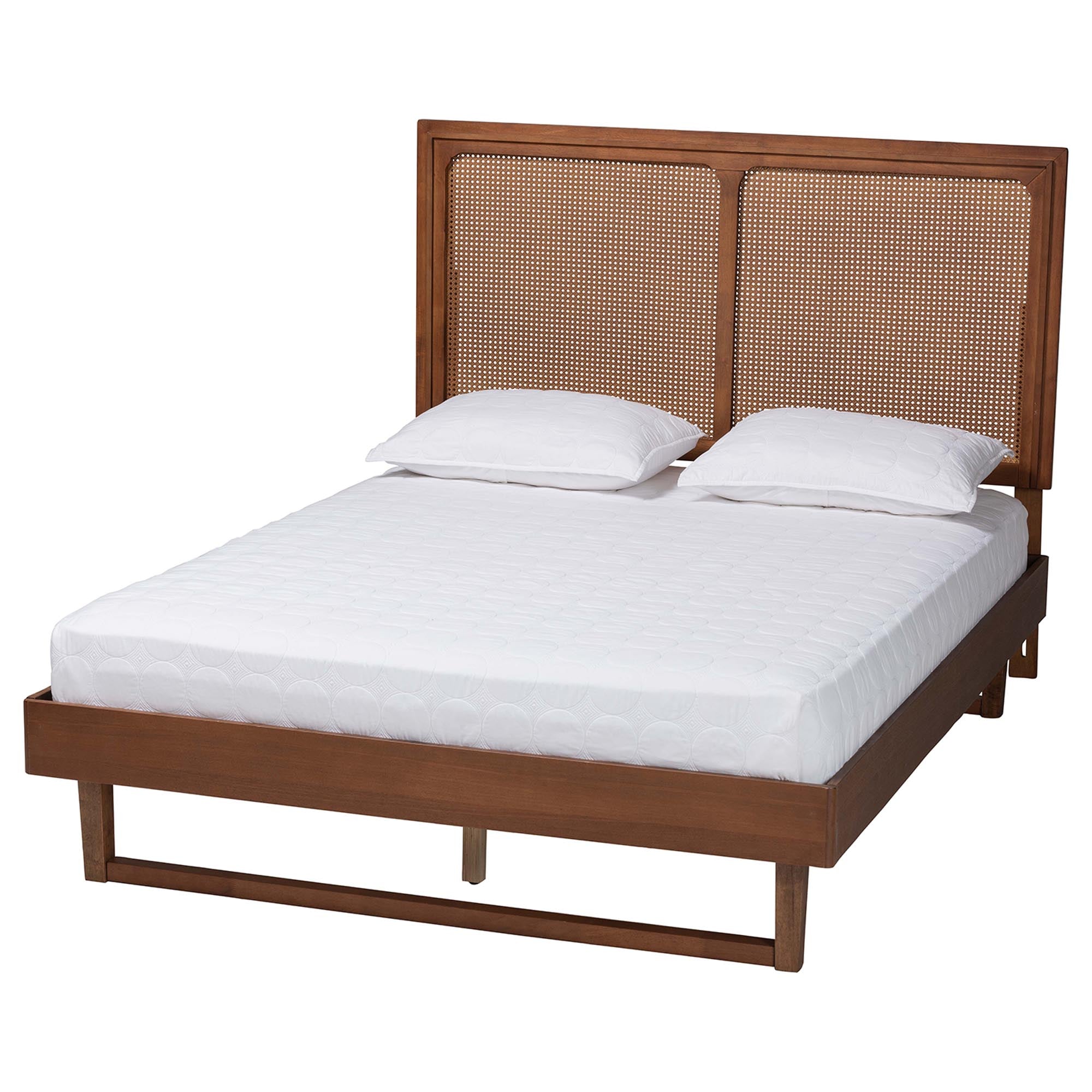 Rondell Mid-Century Modern Ash Walnut Woven Rattan King Size Bed