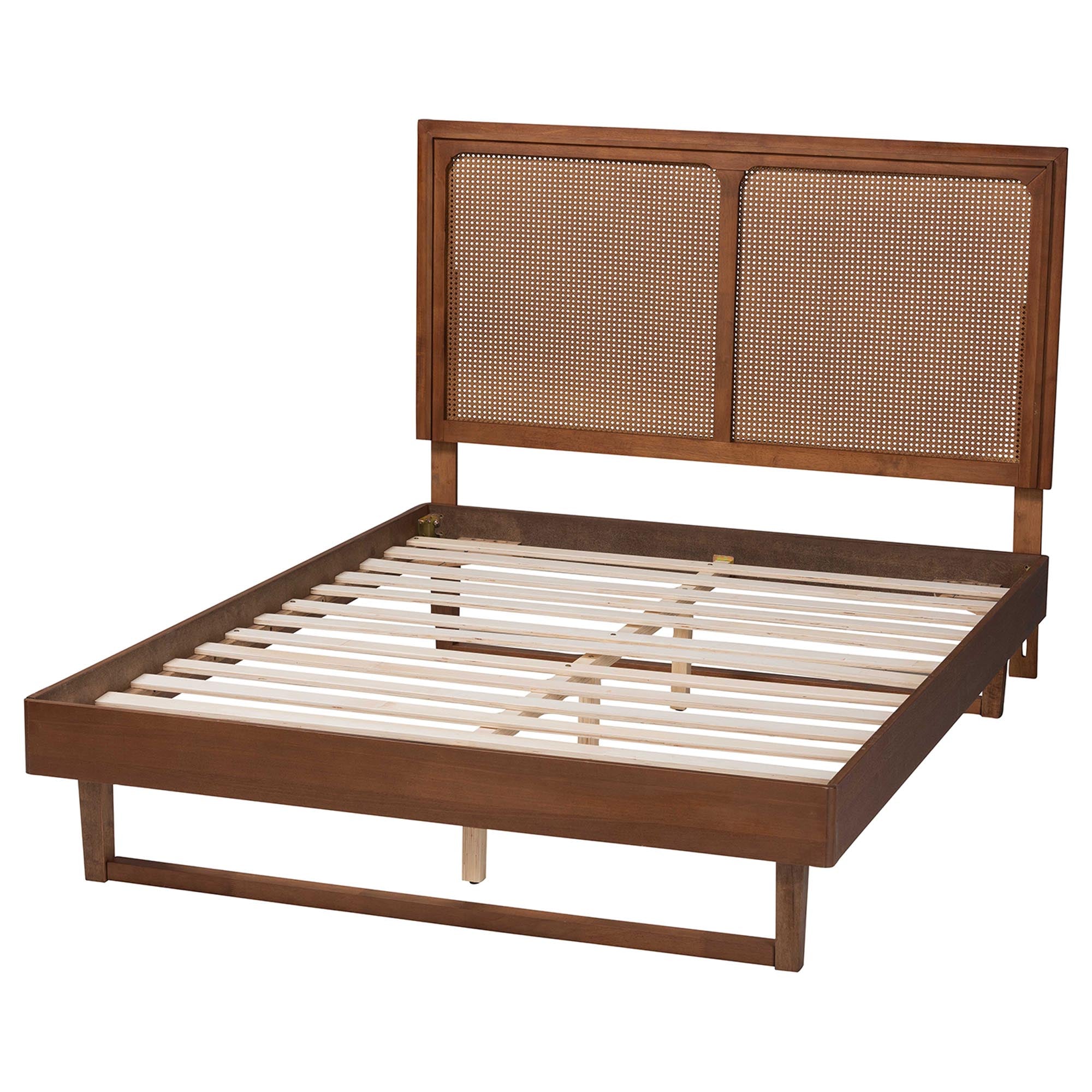 Rondell Mid-Century Modern Ash Walnut Woven Rattan King Size Bed