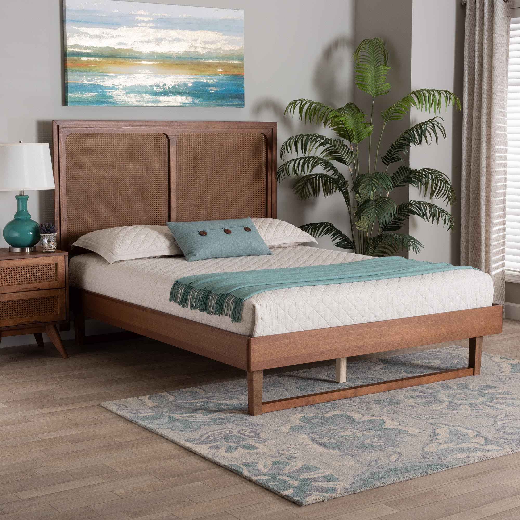 Rondell Mid-Century Modern Ash Walnut Woven Rattan King Size Bed