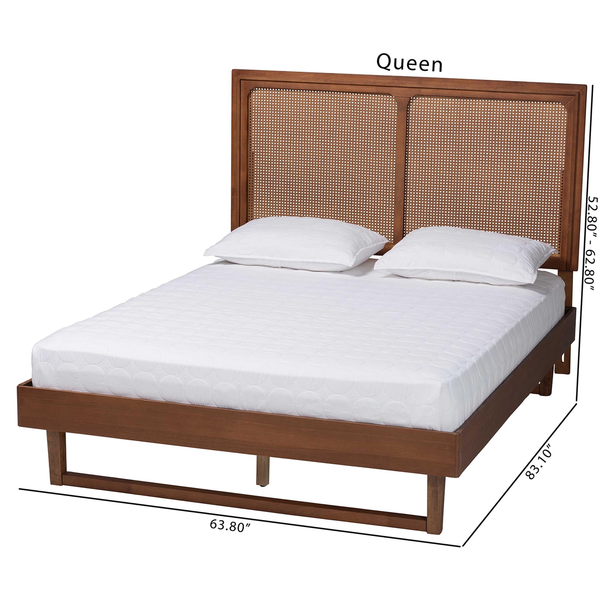 Rondell Mid-Century Modern Ash Walnut Woven Rattan Queen Size Bed