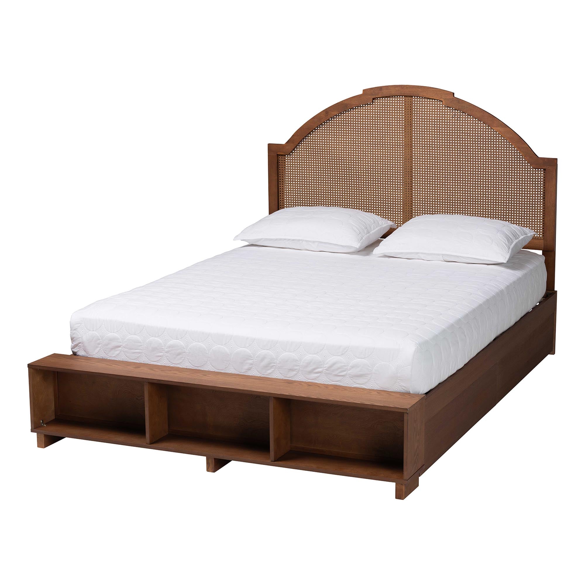 Zoro Queen Platform Storage Bed – Walnut Rubberwood & Rattan – Modern Mid‑Century Design
