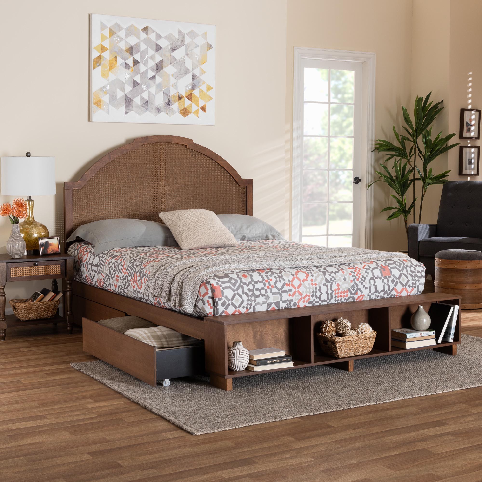 Zoro Queen Platform Storage Bed – Walnut Rubberwood & Rattan – Modern Mid‑Century Design