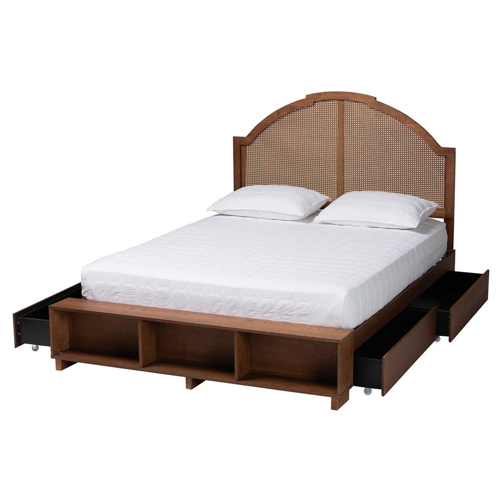 Selby King Walnut Brown Wood Rattan Storage Bed – Mid‑Century Modern with 4 Drawers