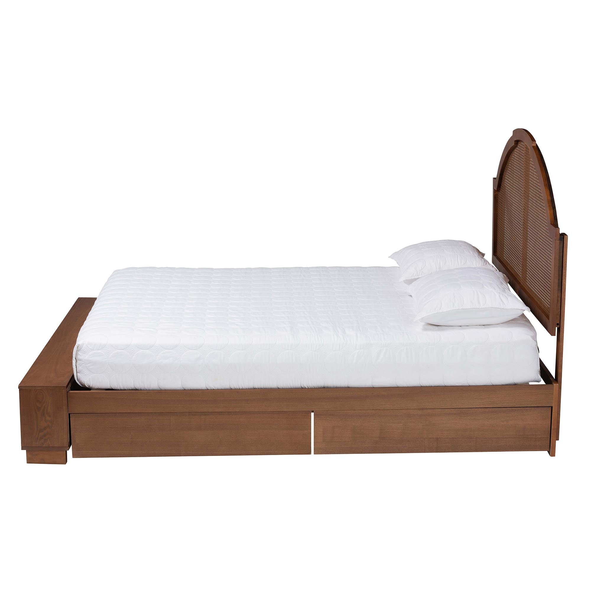 Zoro Queen Platform Storage Bed – Walnut Rubberwood & Rattan – Modern Mid‑Century Design