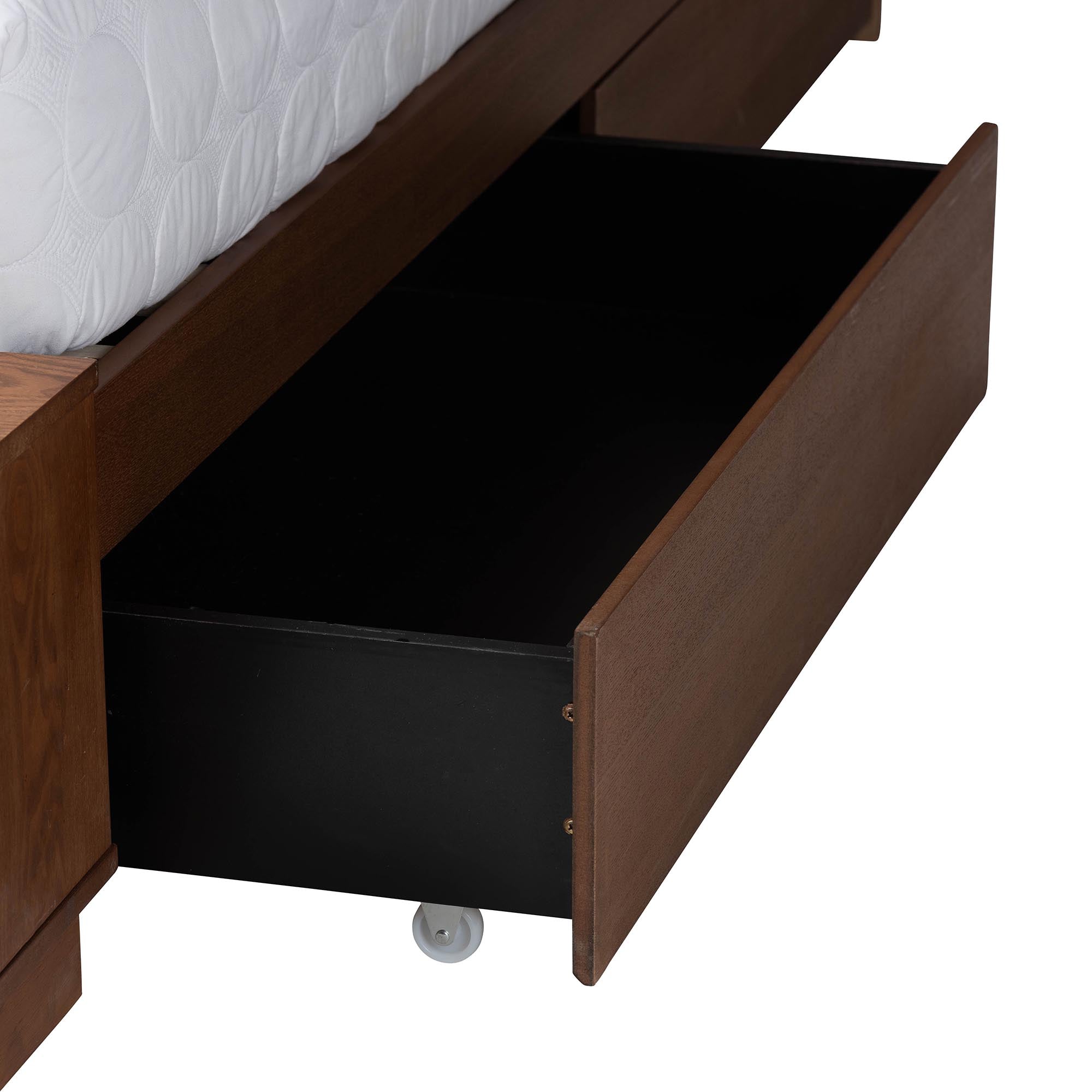 Selby King Walnut Brown Wood Rattan Storage Bed – Mid‑Century Modern with 4 Drawers