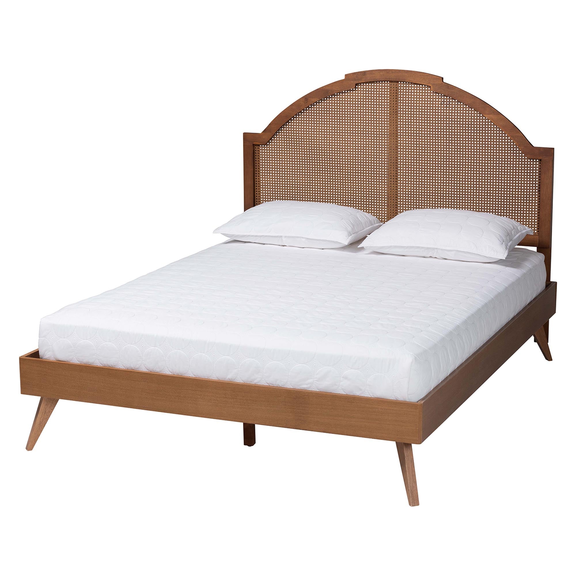 Swanson Wood Platform Beds King Walnut Wood & Rattan Platform Bed – Adjustable Headboard, Slat Support