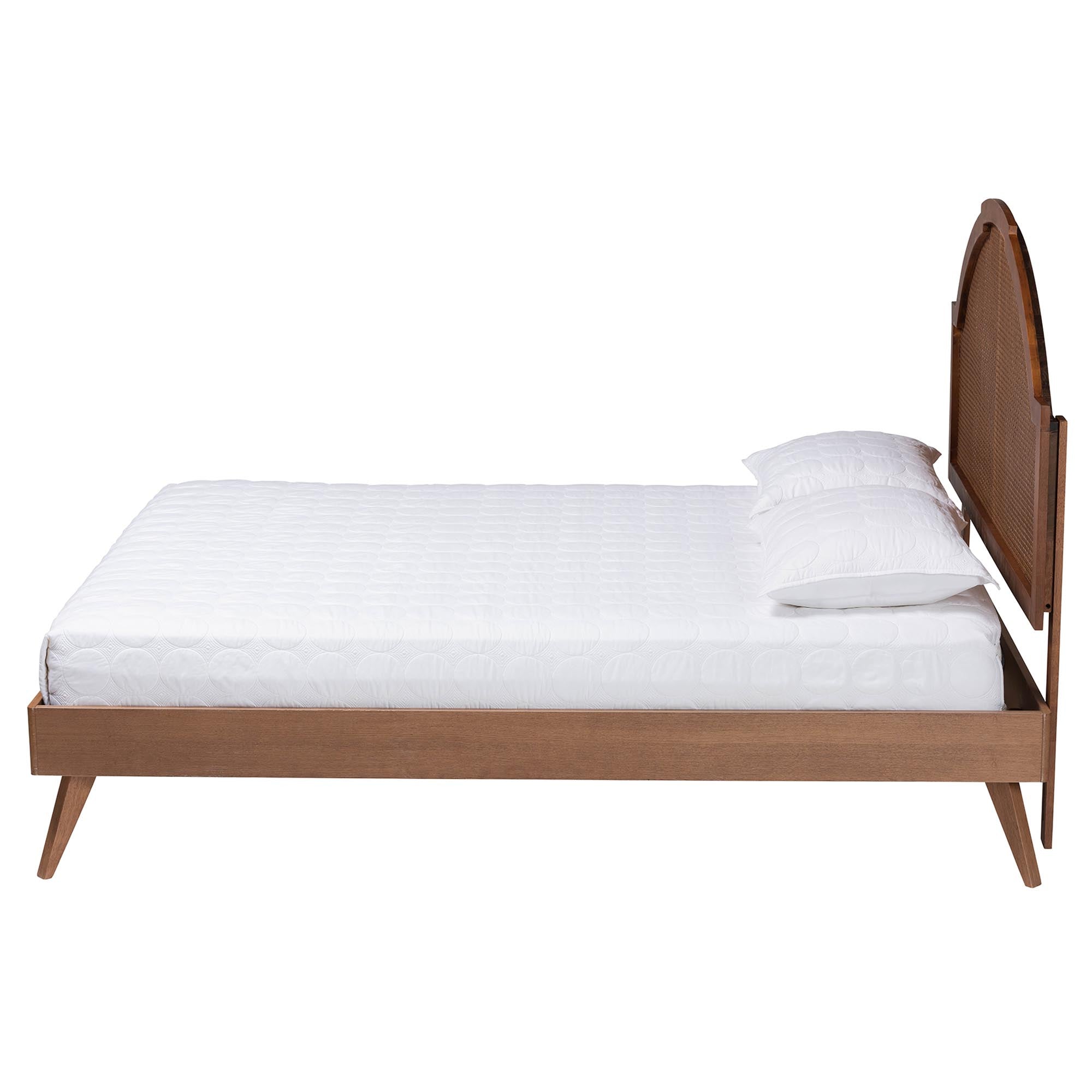 Elmdon Mid‑Century Queen Walnut Wood & Rattan Platform Bed – Angled Legs & Adjustable Height Headboard