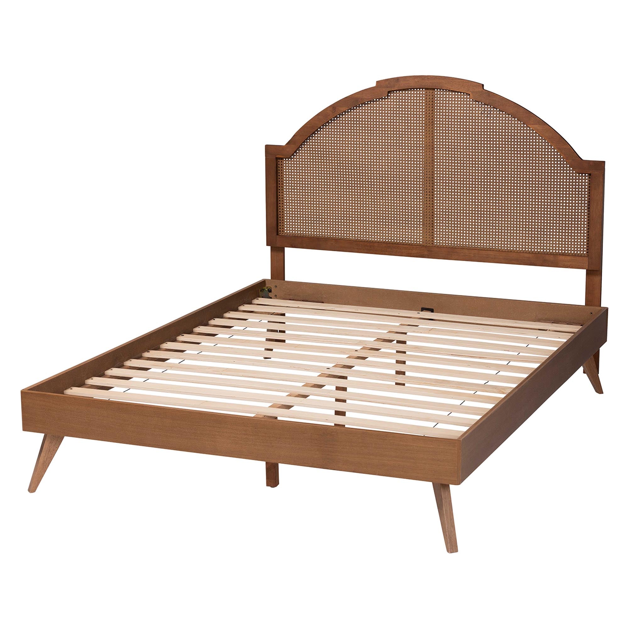 Elmdon Mid‑Century Queen Walnut Wood & Rattan Platform Bed – Angled Legs & Adjustable Height Headboard