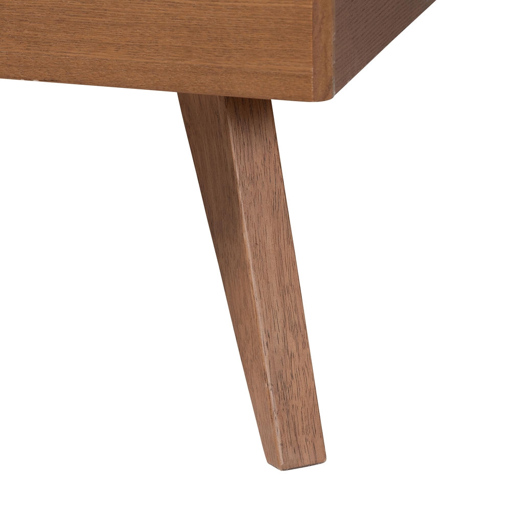 Elmdon Mid‑Century Queen Walnut Wood & Rattan Platform Bed – Angled Legs & Adjustable Height Headboard