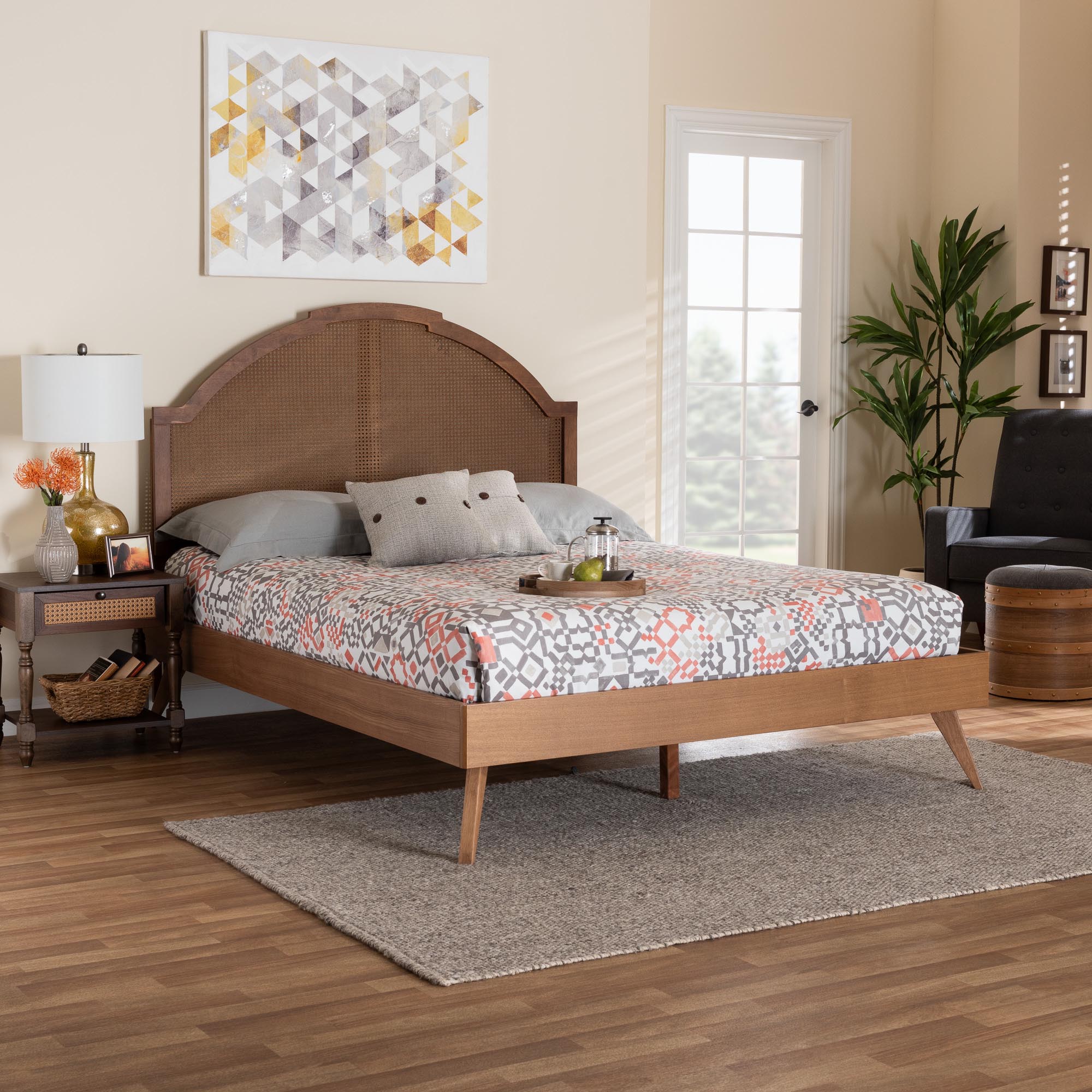 Elmdon Mid‑Century Queen Walnut Wood & Rattan Platform Bed – Angled Legs & Adjustable Height Headboard